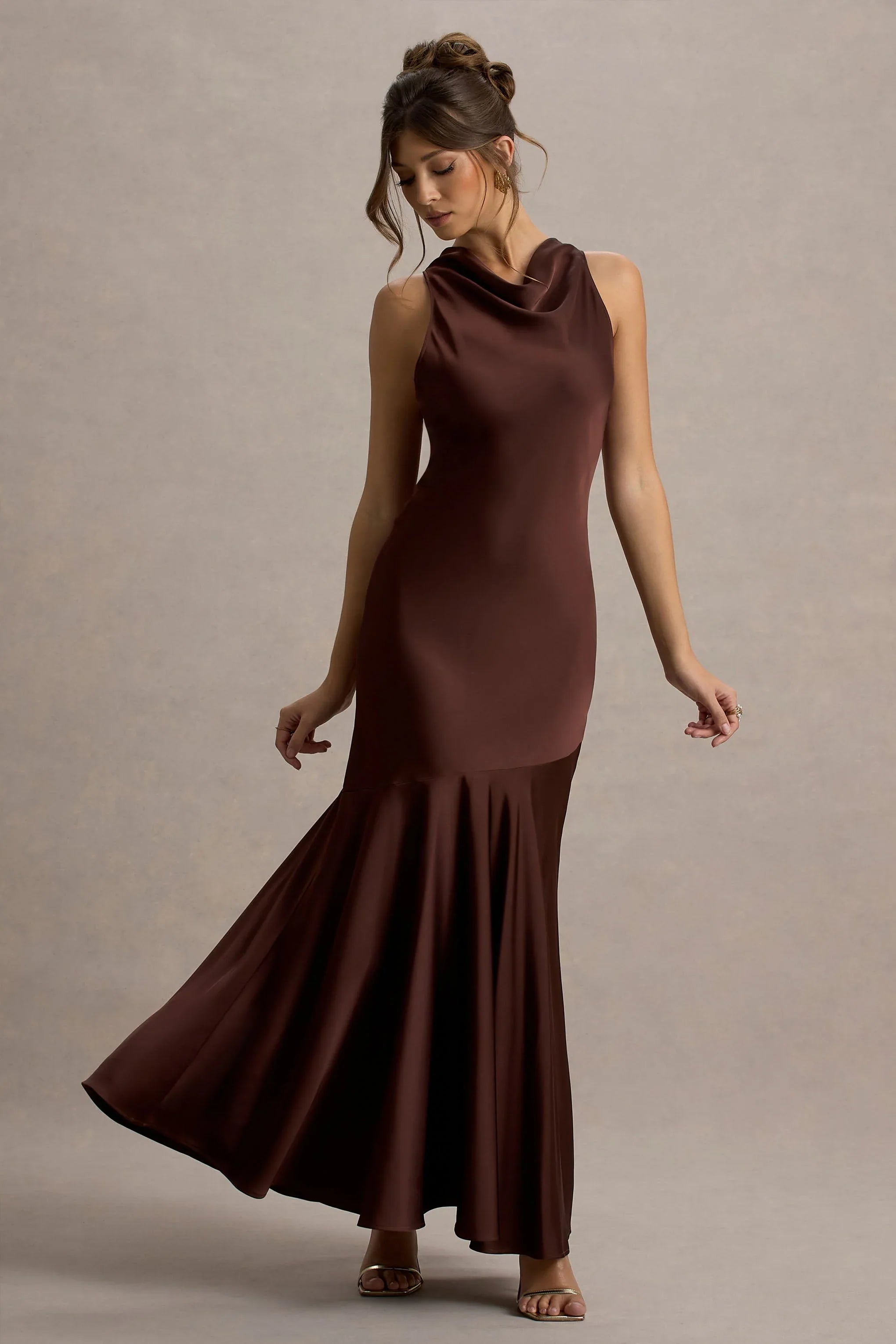 Amelita Brown Satin Cowl Neck Maxi Dress
