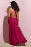 Naelya Dark Pink Chiffon Halter Neck Maxi Dress With Corsages