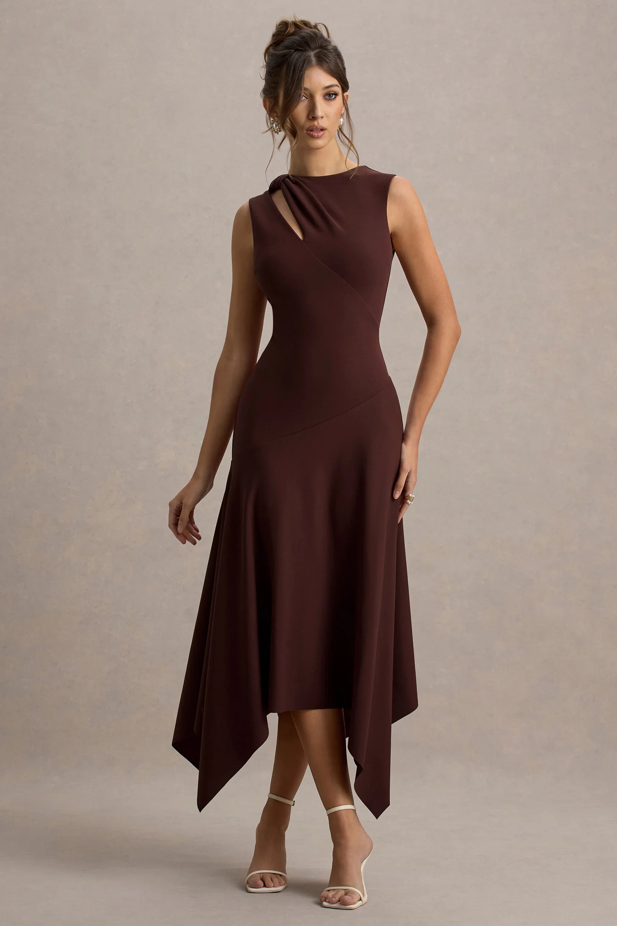 Francesca Brown Knotted Midi Dress With Handkerchief Hem