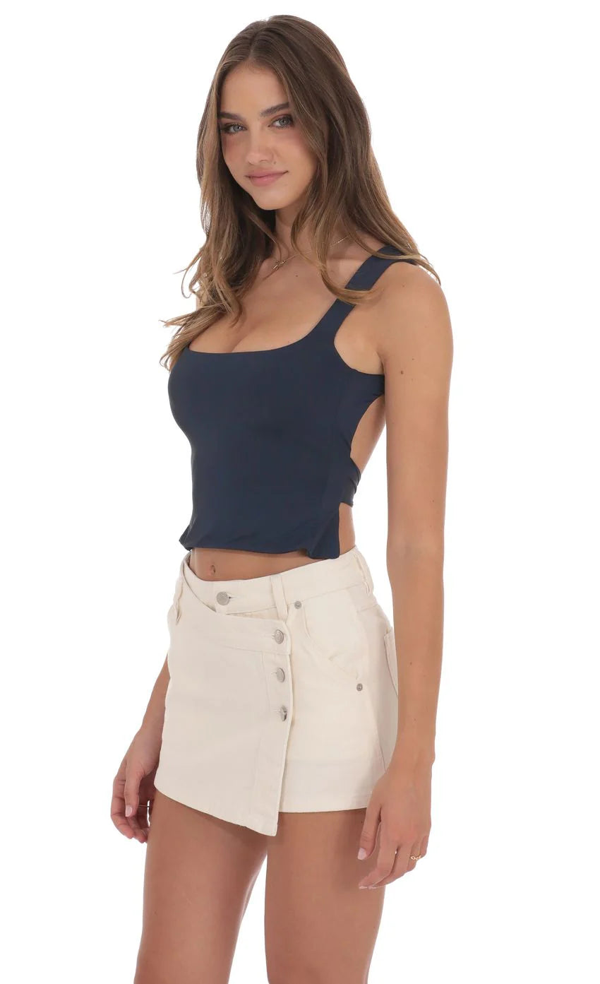 Scoop Neck Open Back Top in Navy