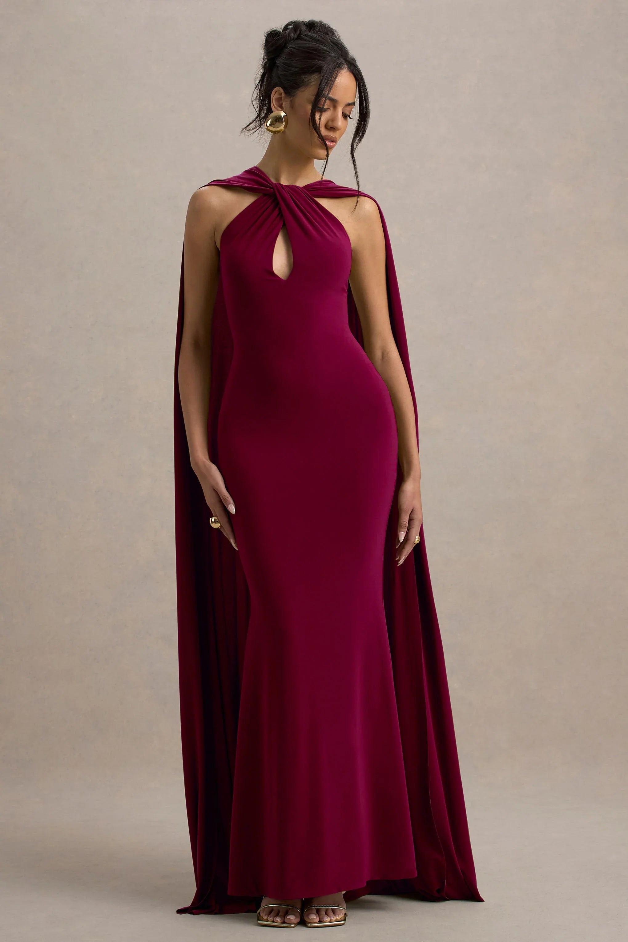 Rhoda Burgundy Twist Halter Neck Cape Maxi Dress