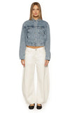 Elana Mid Wash Cinched Waist Denim Jacket