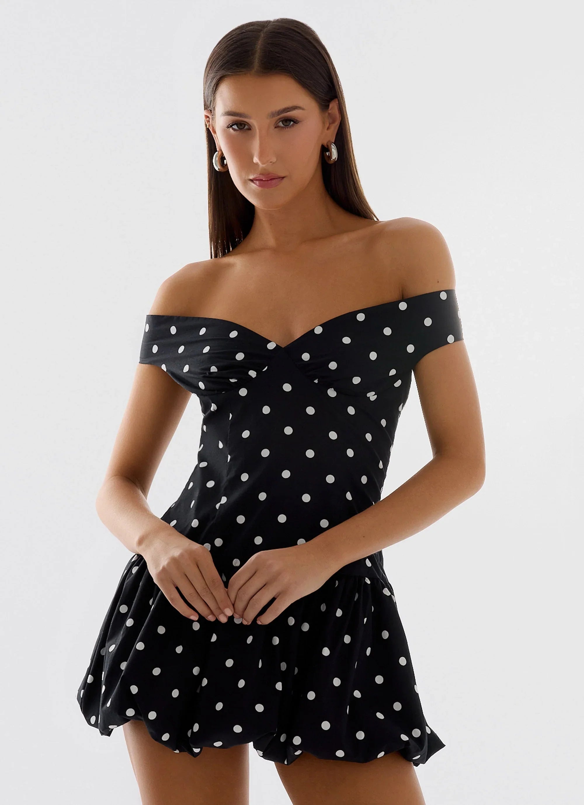 Endless Romance Off Shoulder Mini Dress Black Polkadot