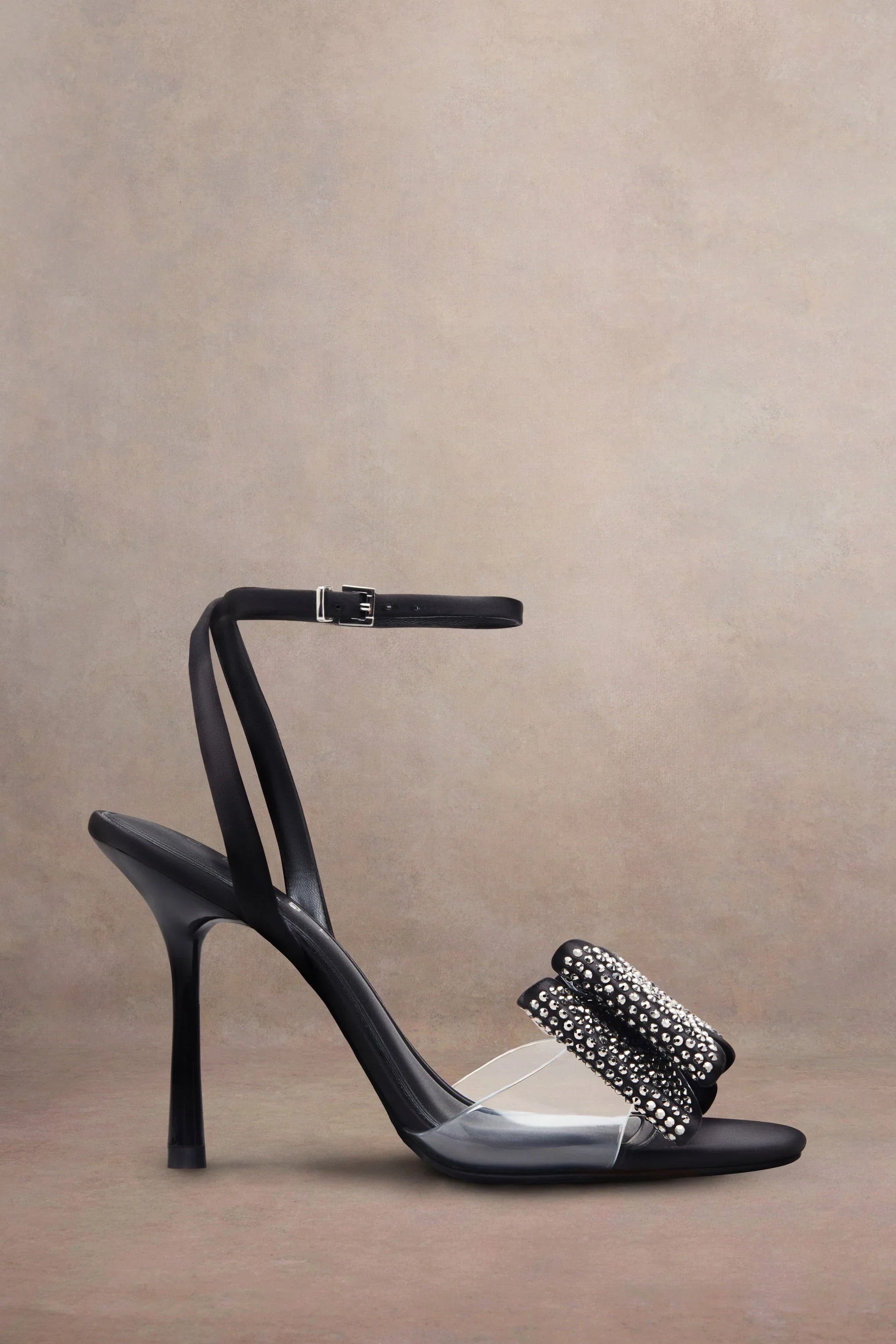 Bowing Black Satin Heeled Sandals With Diamante Bows
