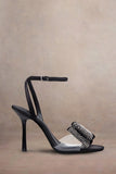 Bowing Black Satin Heeled Sandals With Diamante Bows