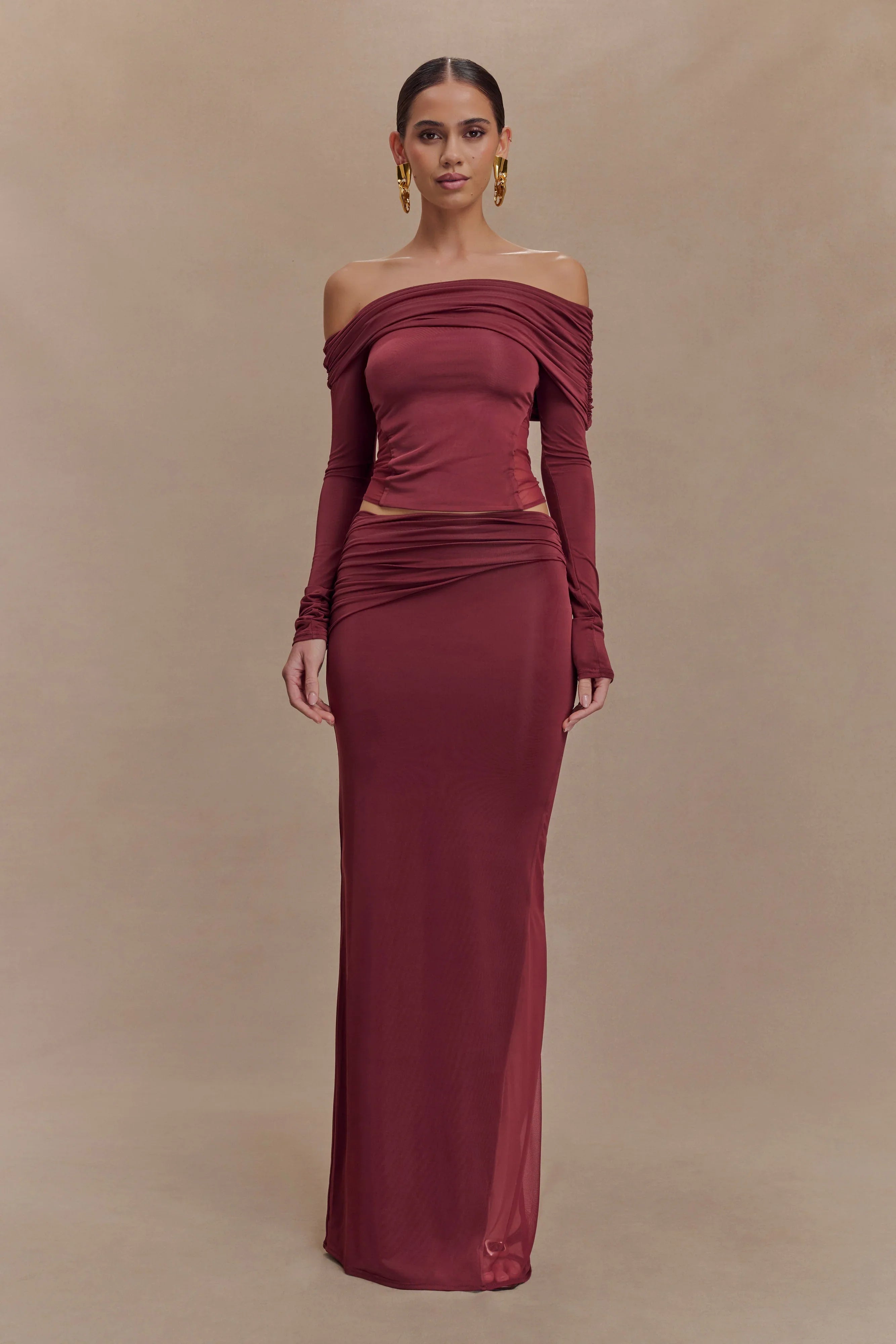 Judy Slinky And Mesh Maxi Skirt Wine