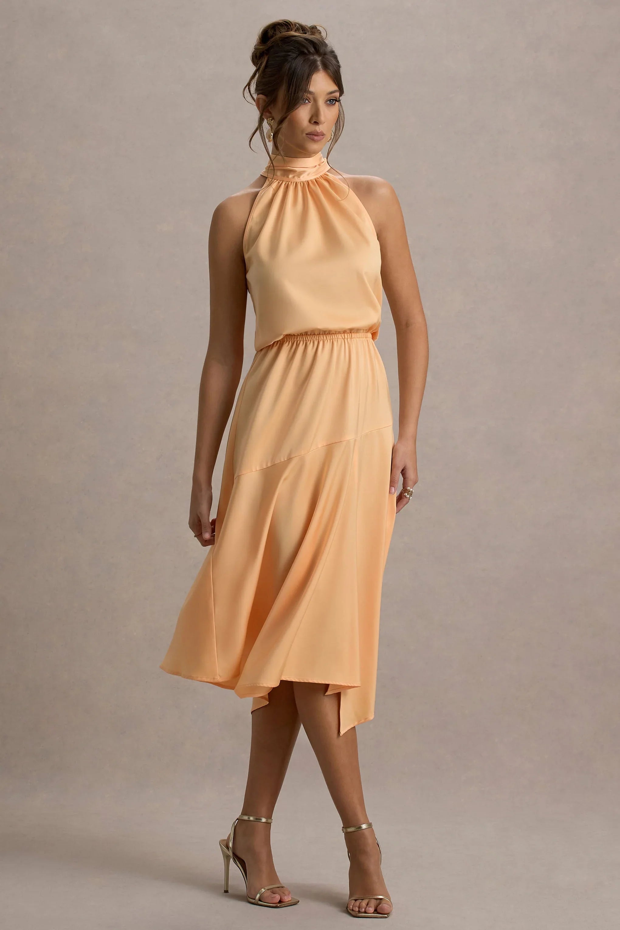 Palonia Peach Satin High Neck Split Midi Dress