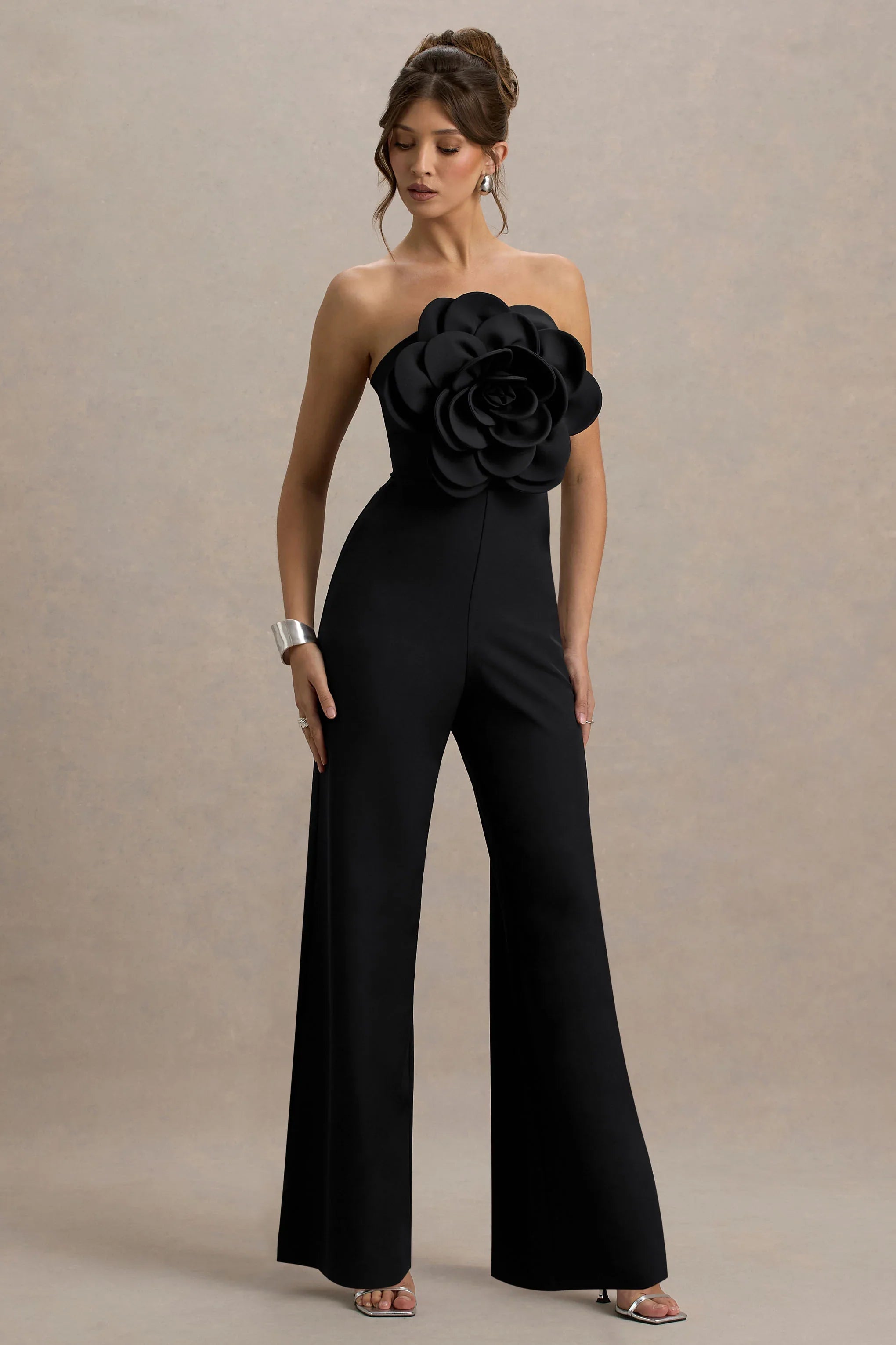 Opia Black Bandeau Wide Leg Jumpsuit With Large Floral Corsage