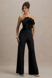 Opia Black Bandeau Wide Leg Jumpsuit With Large Floral Corsage