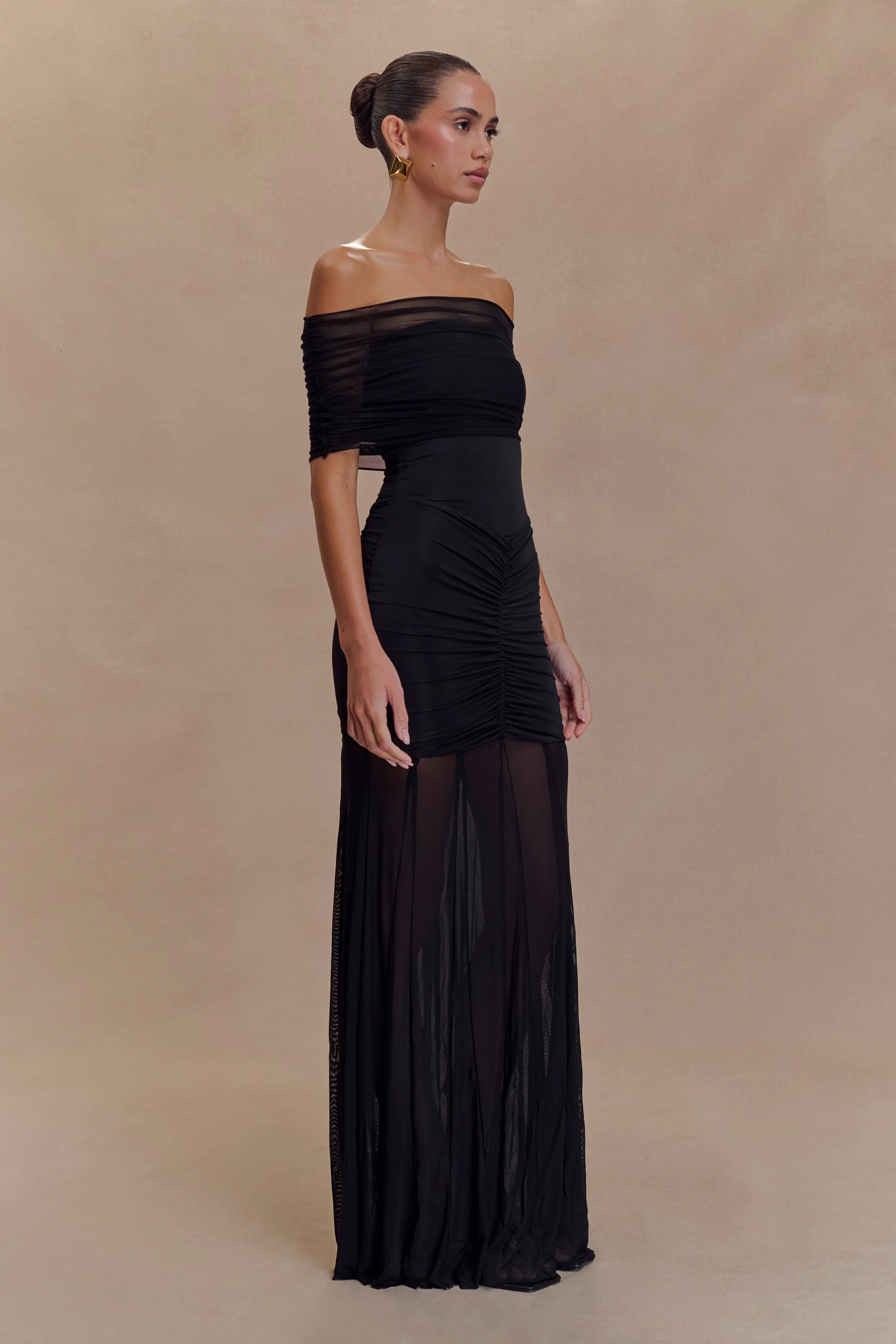 Caspian Slinky And Mesh Off Shoulder Maxi Dress Black