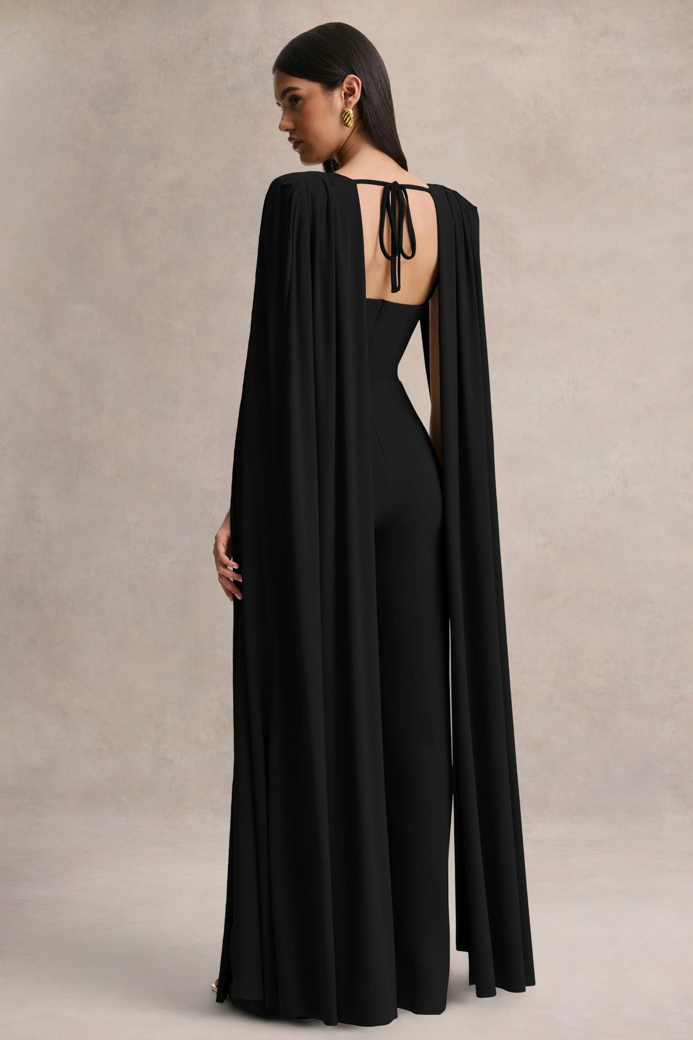 Labina Black Plunge Neck Jumpsuit With Cape Sleeves