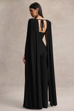 Labina Black Plunge Neck Jumpsuit With Cape Sleeves