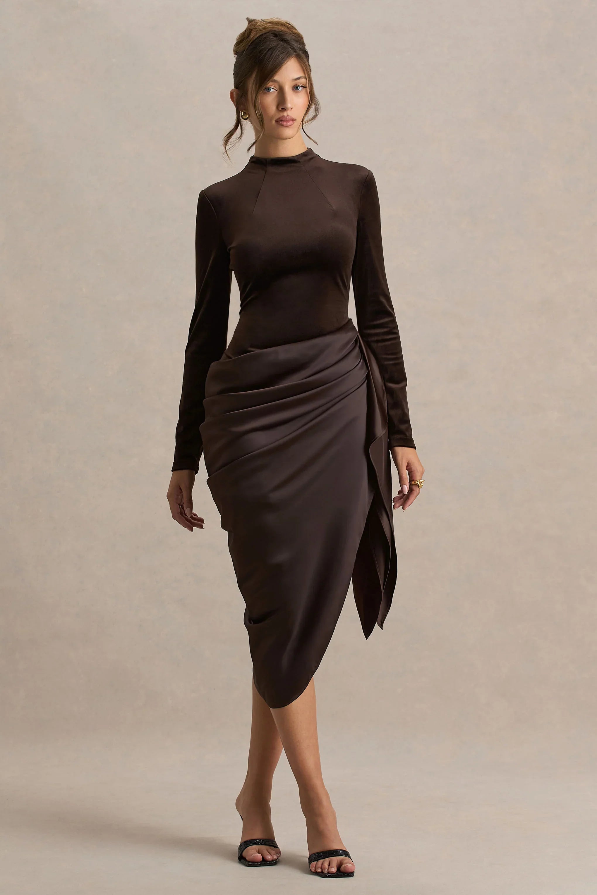 Sasha Brown Satin And Velvet Midi Dress With Wrap Detail