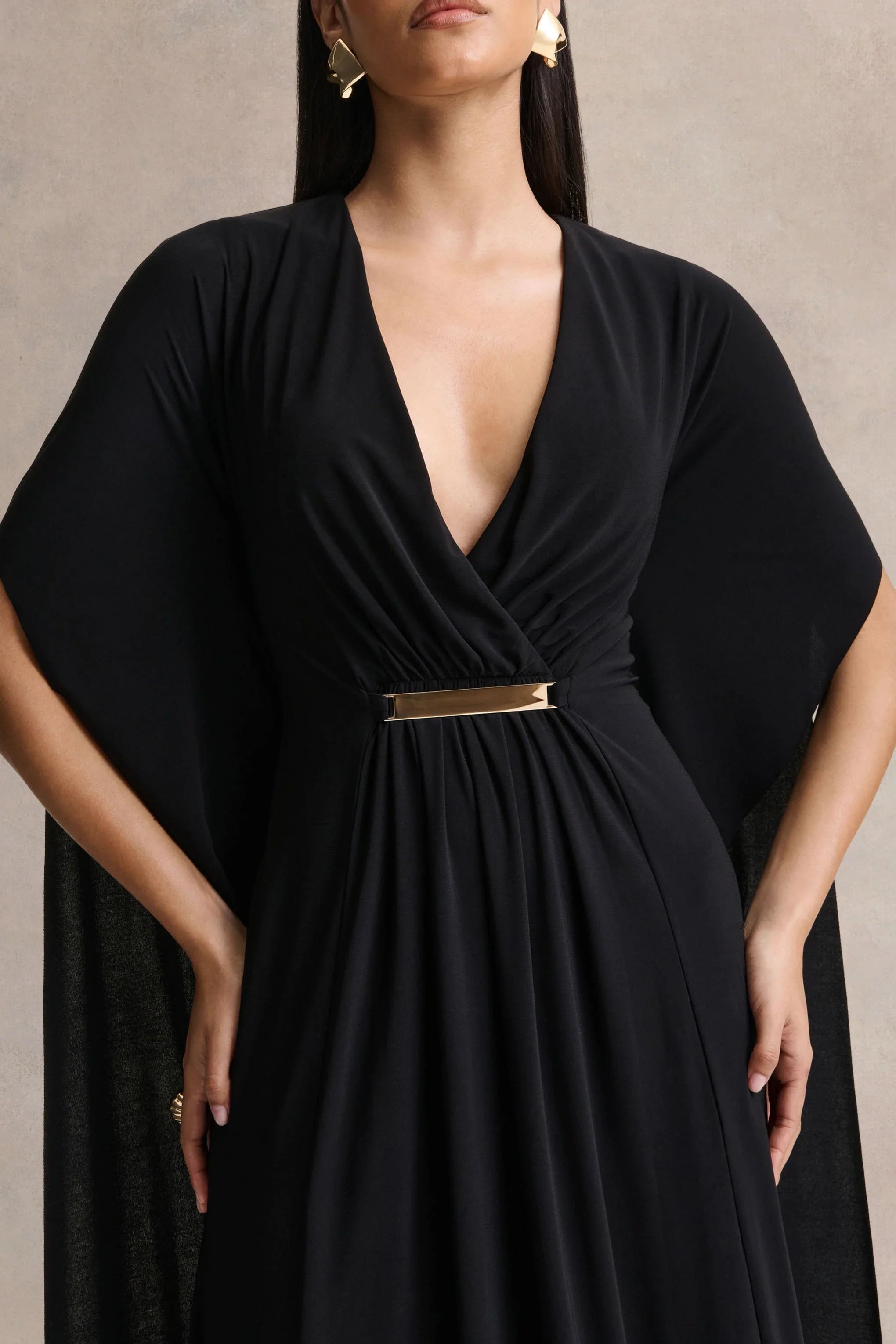 Romilly Black Plunge Neck Maxi Dress With Gathered Detail
