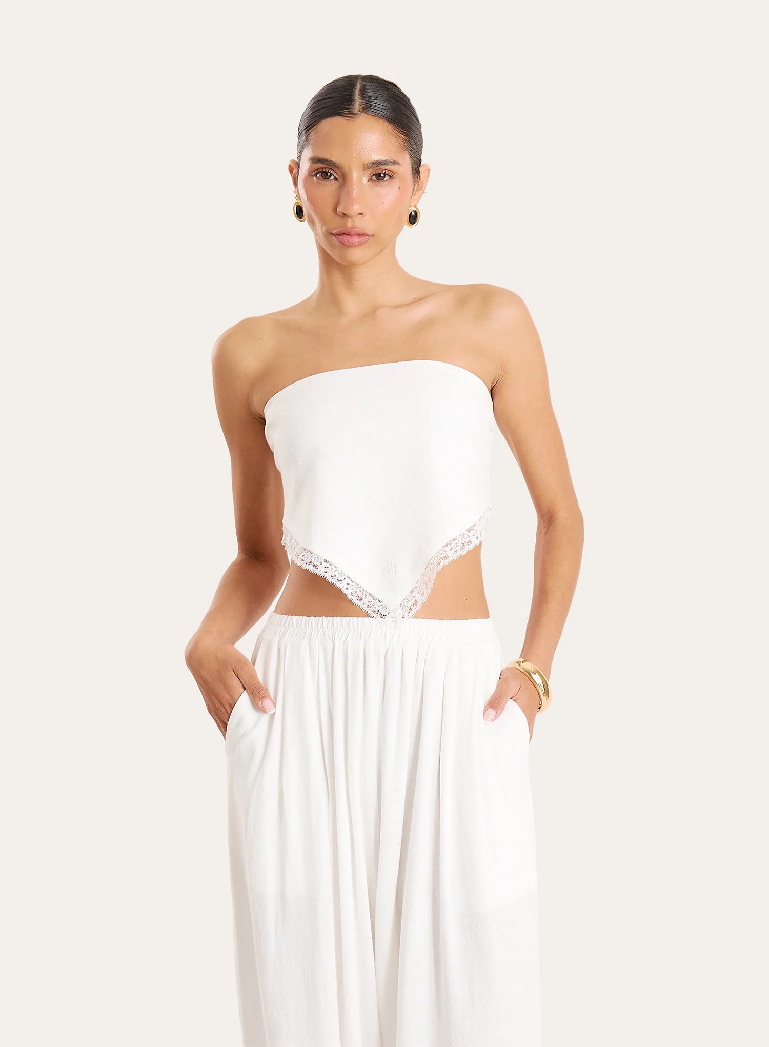 White Linen Blend Tie Back Bandeau Crop Scarf Top