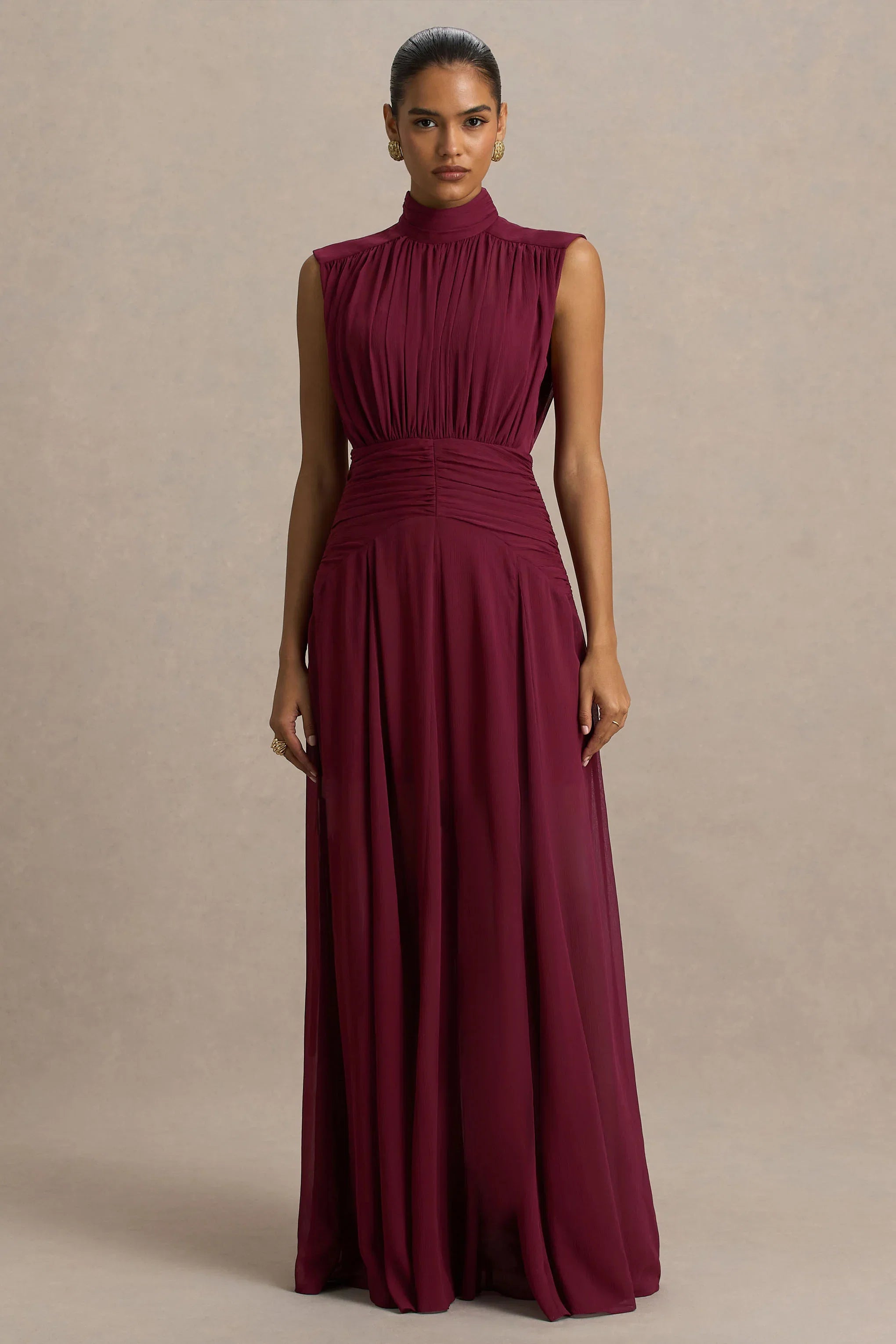 Melanina Burgundy High Neck Maxi Dress With Ruched Detailing