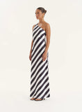 Stripe Print Satin One Shoulder Maxi Dress