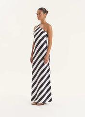 Stripe Print Satin One Shoulder Maxi Dress