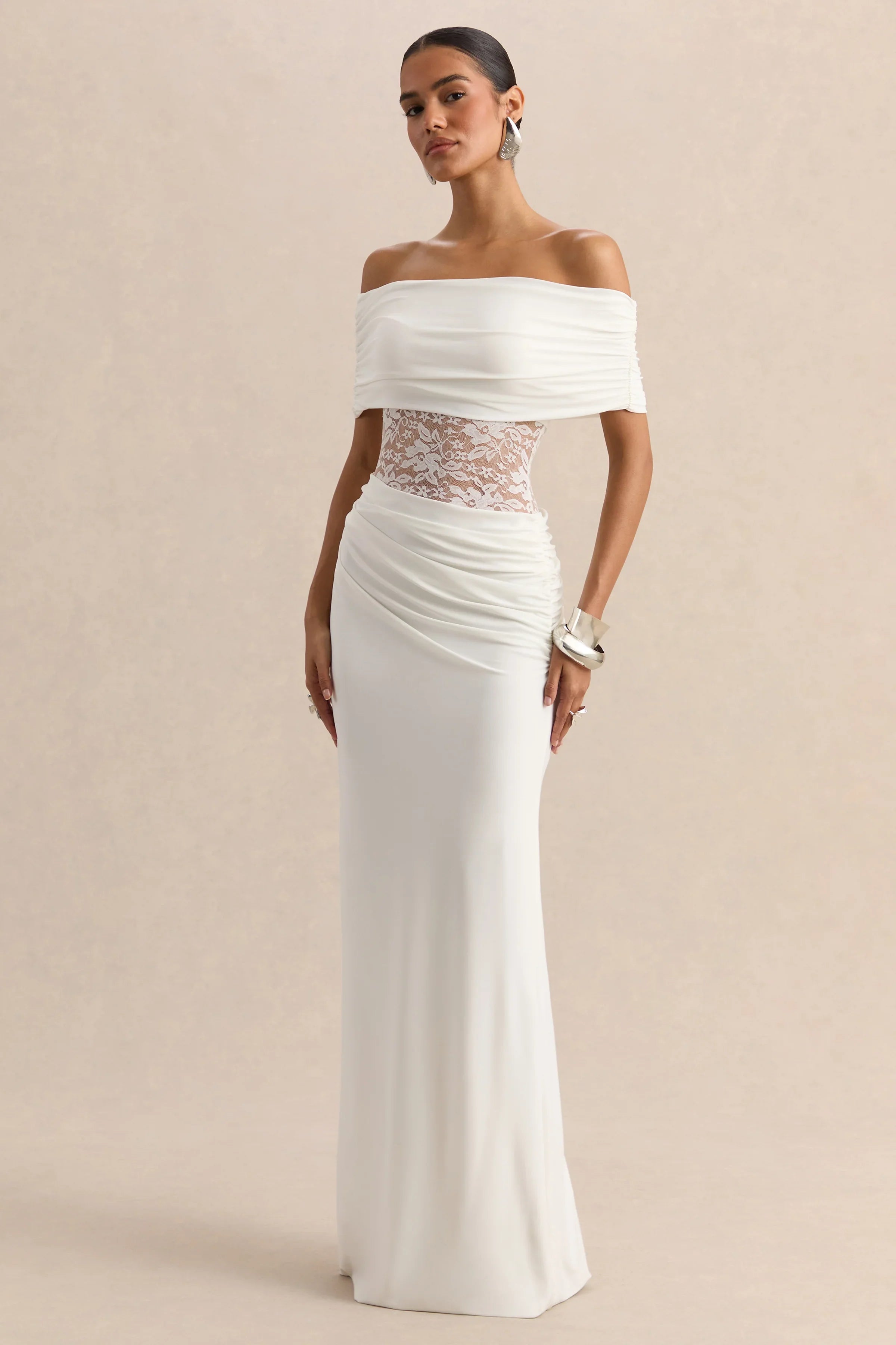 Forsya White Bardot Neck Maxi Dress With Lace Detailing
