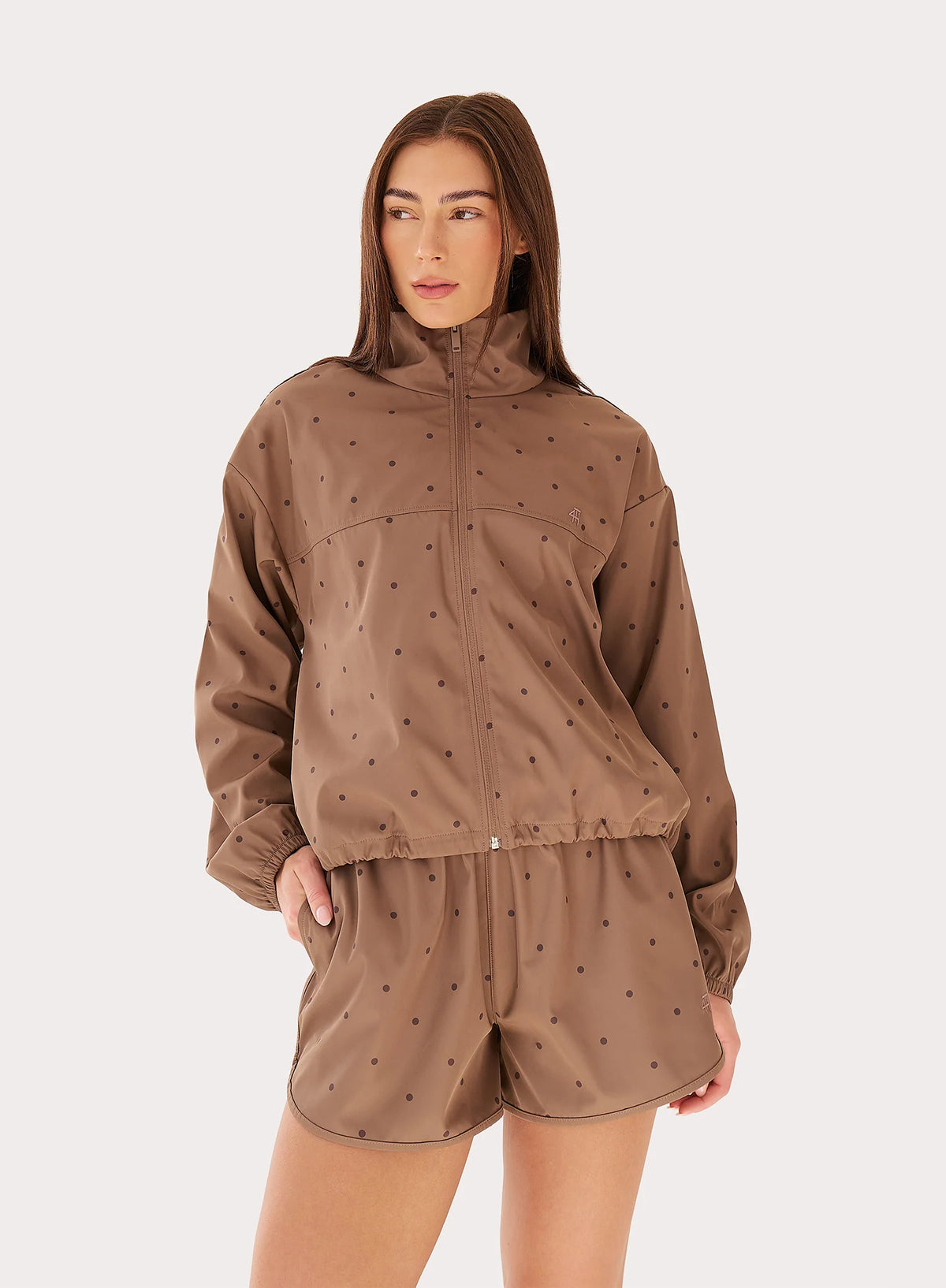 Brown Polka Dot Funnel Neck Track Jacket