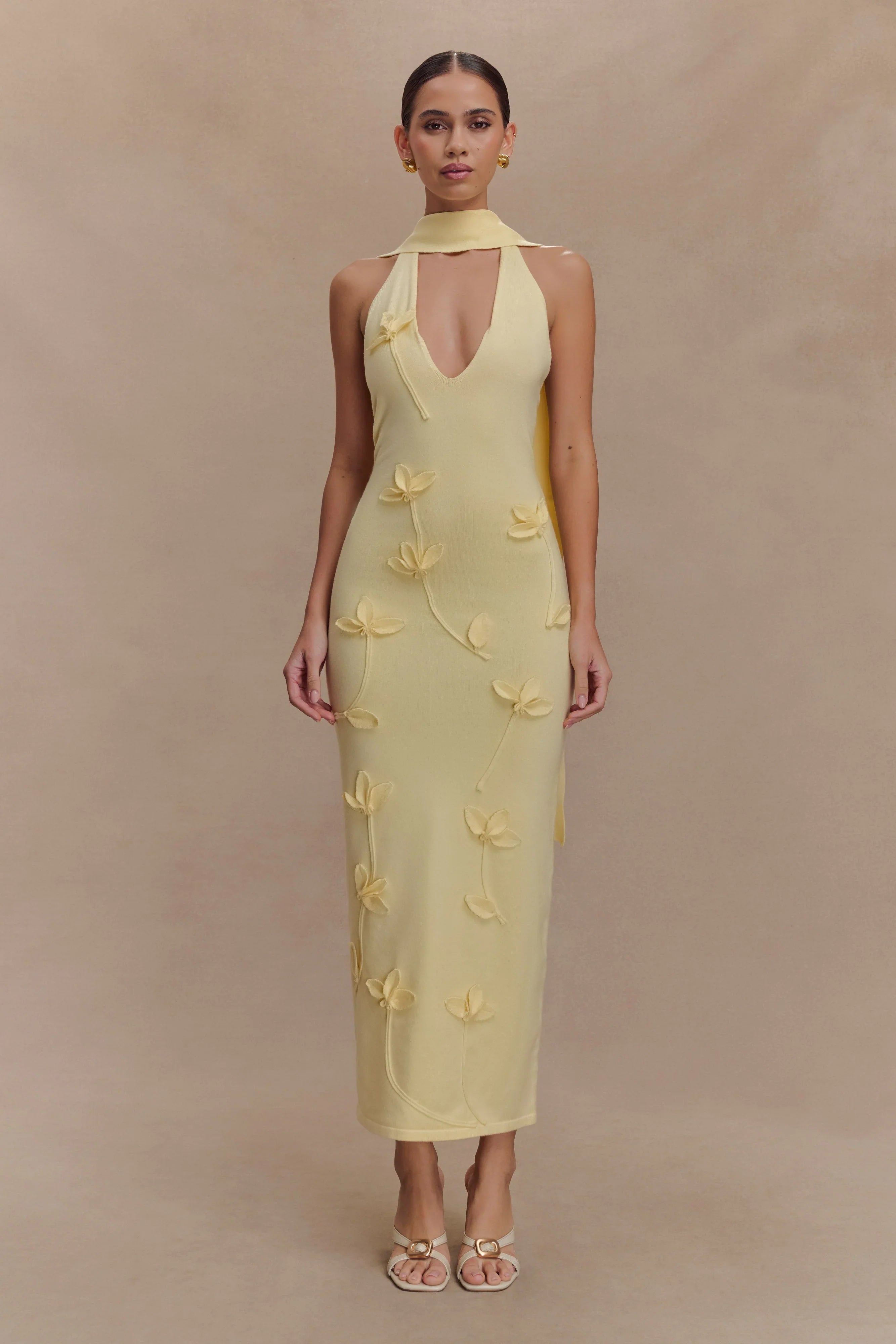 Wynn Floral Knit Midi Dress Lemon