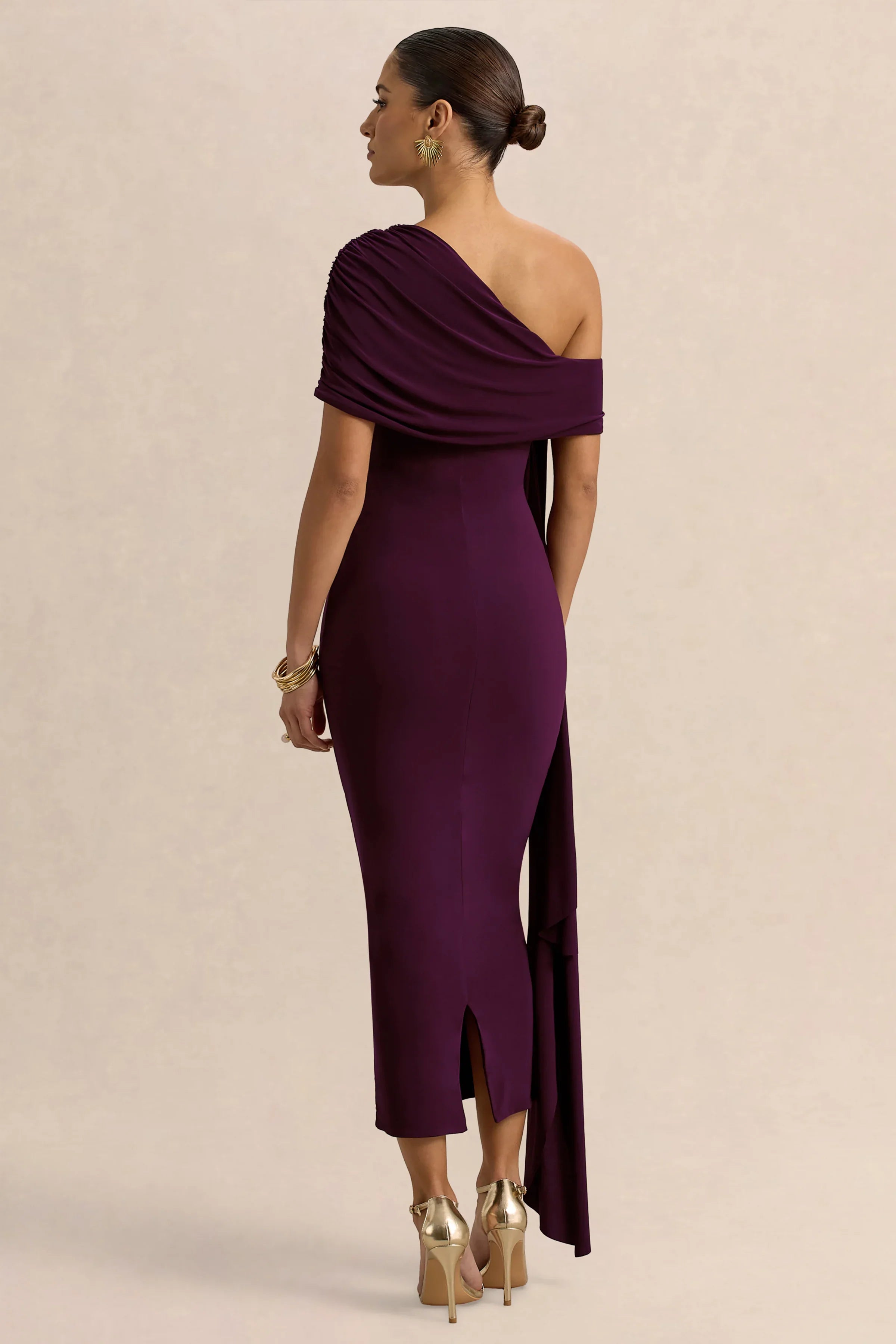Praia Plum Asymmetric Neck Midi Dress With Sash and Draped Detailing
