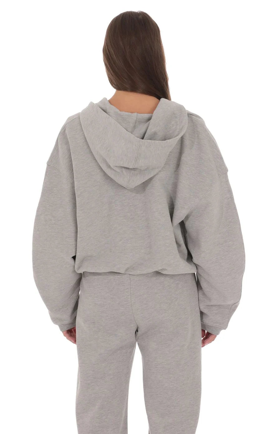 Cropped Fleece Zip Up Hoodie in Grey
