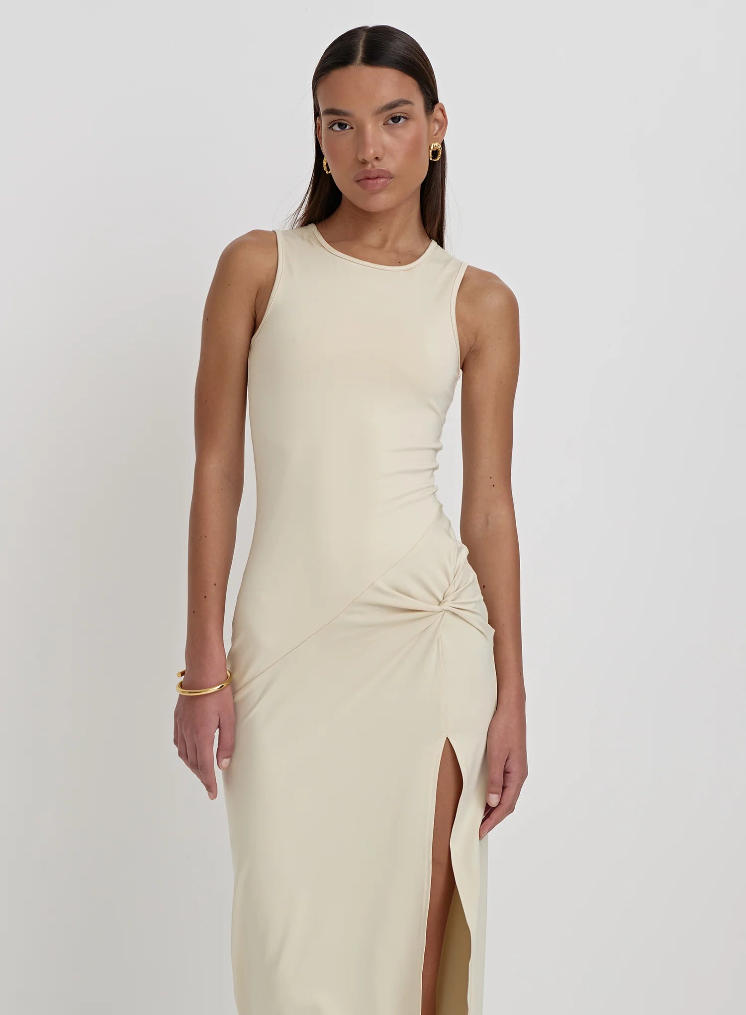 Cream Slinky Side Split Maxi Dress