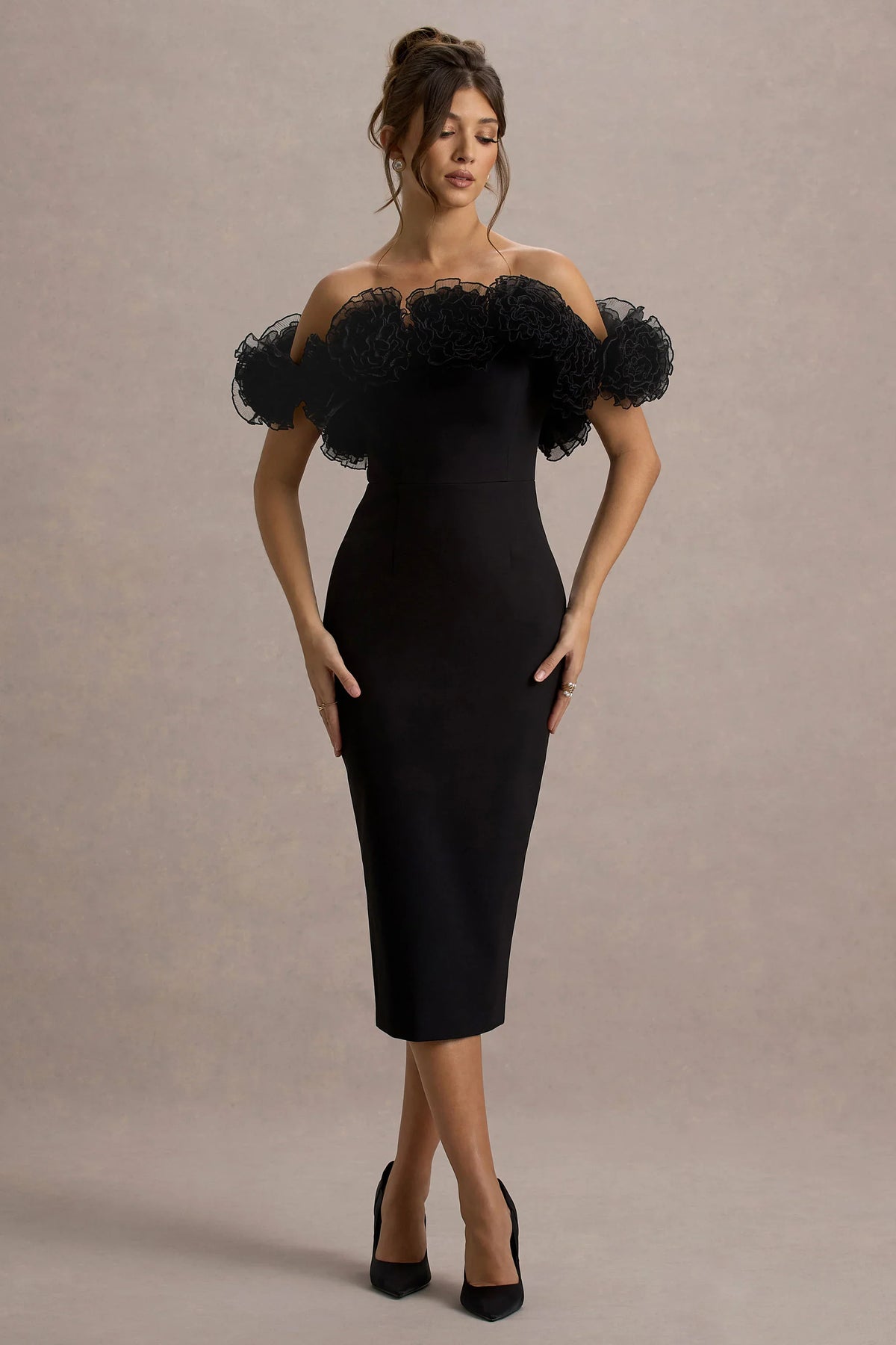 Alizzi Black Bardot Midi Dress With Ruffle Trim