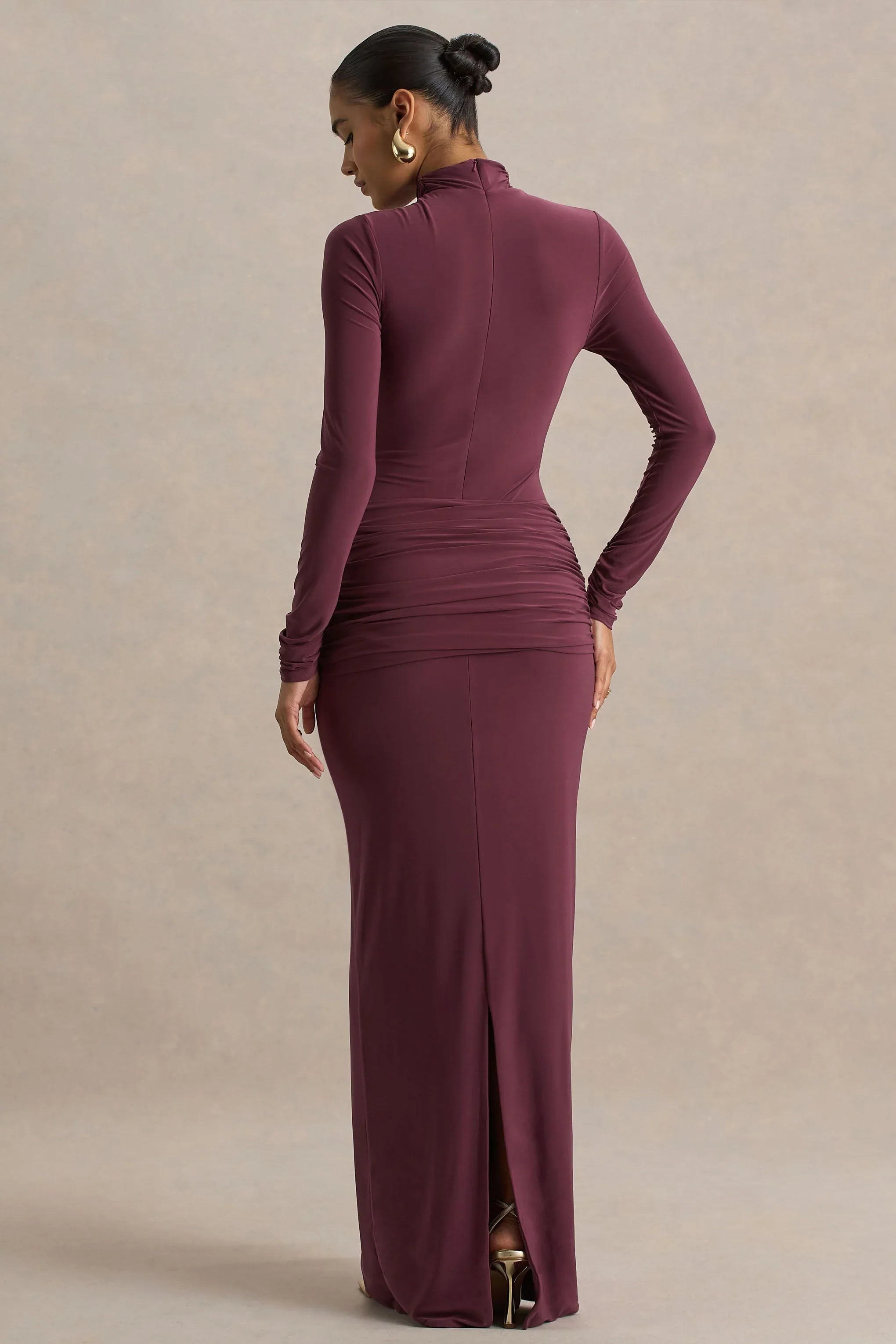 Myra Burgundy High Neck Maxi Dress With Sash and Ruched Detailing
