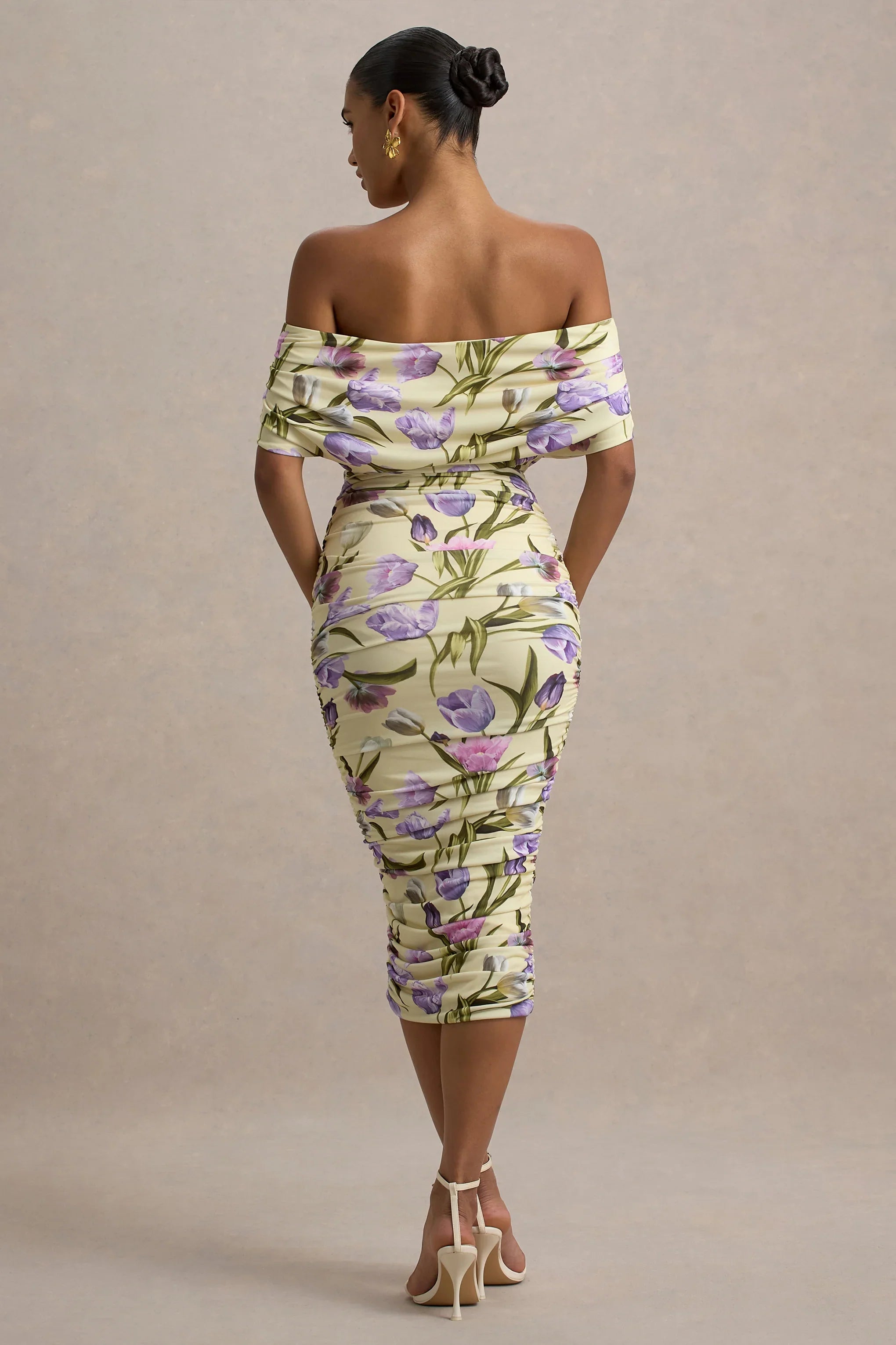 Rayleigh Tulip Floral Print Bardot Ruched Midi Dress