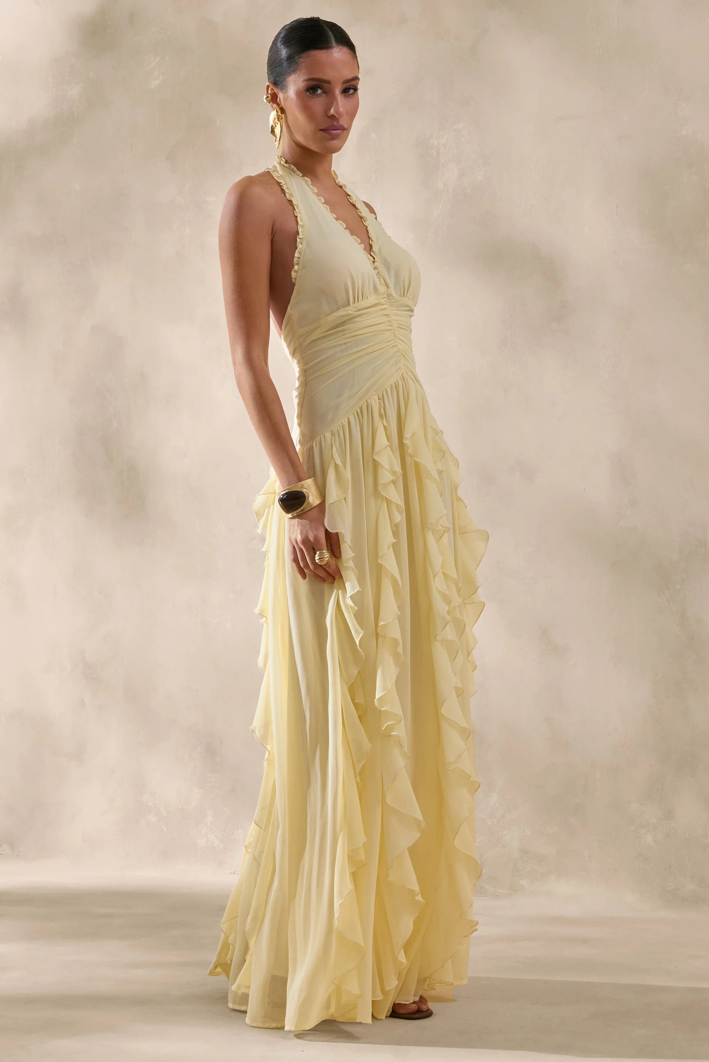 Bea Lemon Plunge Neck Ruffled Maxi Dress