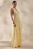 Bea Lemon Plunge Neck Ruffled Maxi Dress