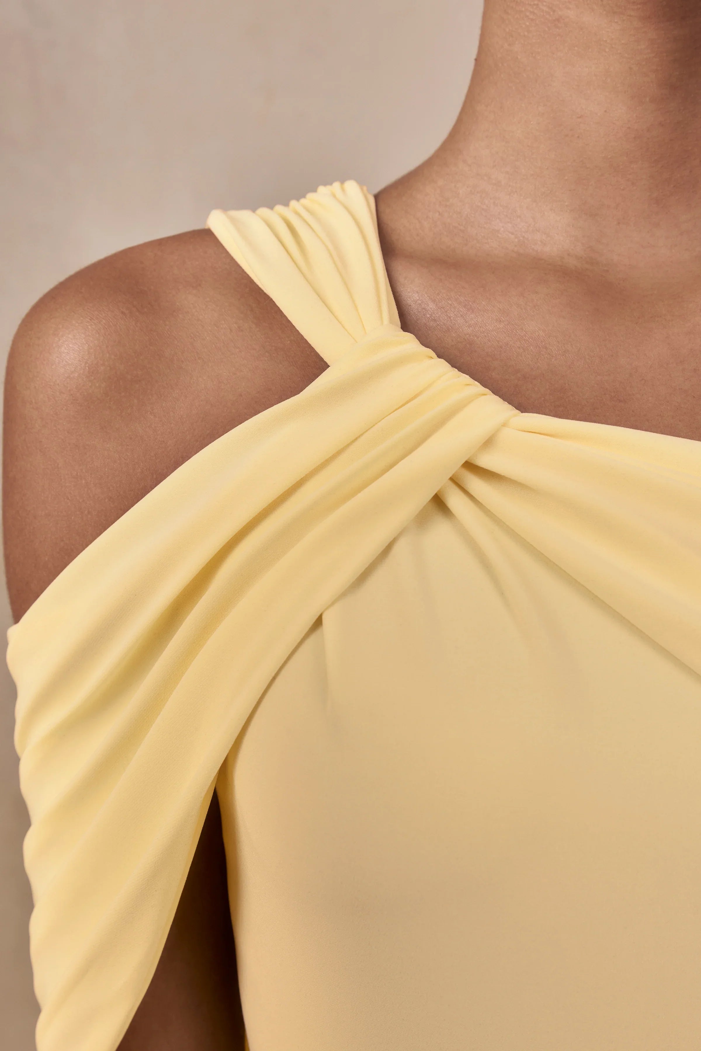 Nala Lemon Asymmetric Neck Maxi Dress With Gathered Detailing