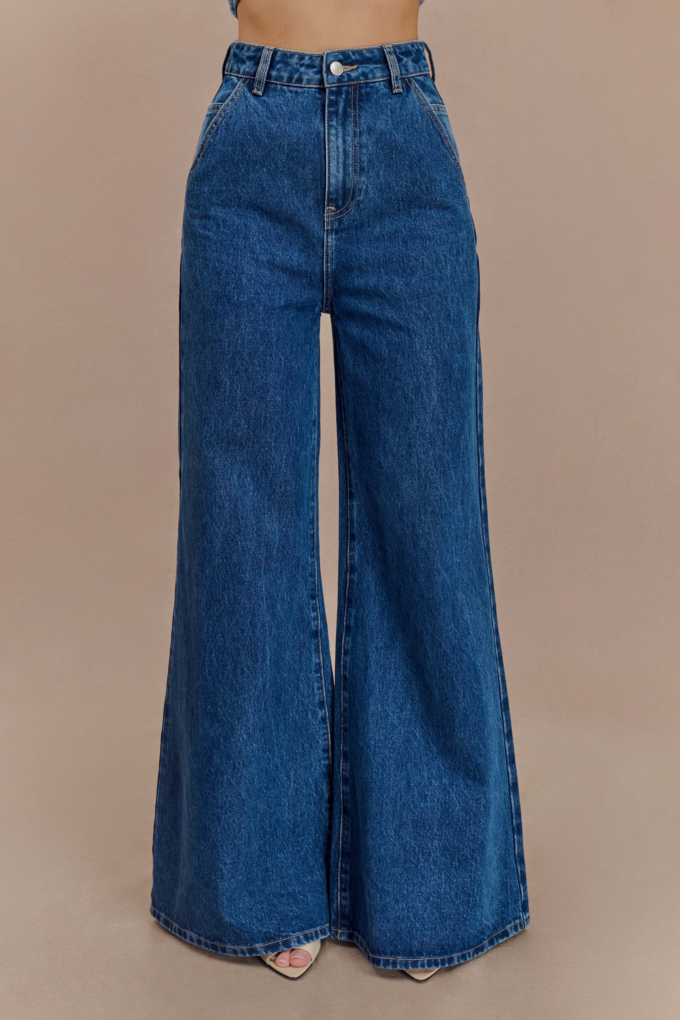 Jen Wide Leg Flare Denim Jeans Dark Blue