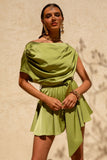 Clydie Olive Satin Asymmetric Playsuit With Tie Waist