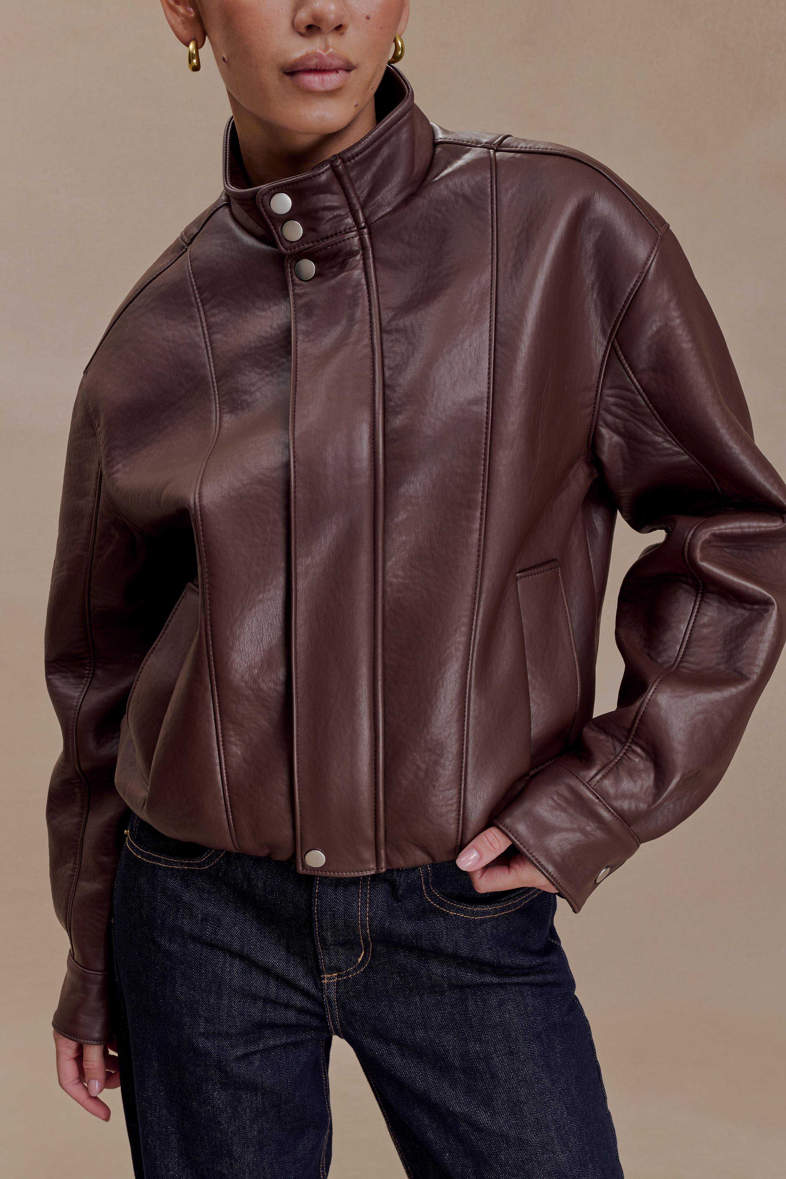 Curtis Faux Leather Bomber Jacket Dark Chocolate