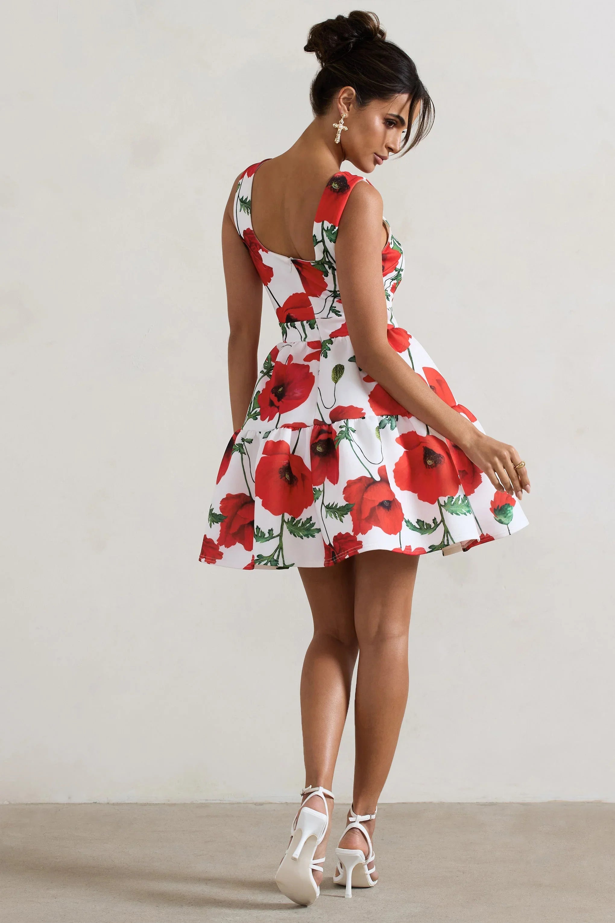 Alia Poppy Print Scoop Neck Tiered Volume Hem Mini Dress