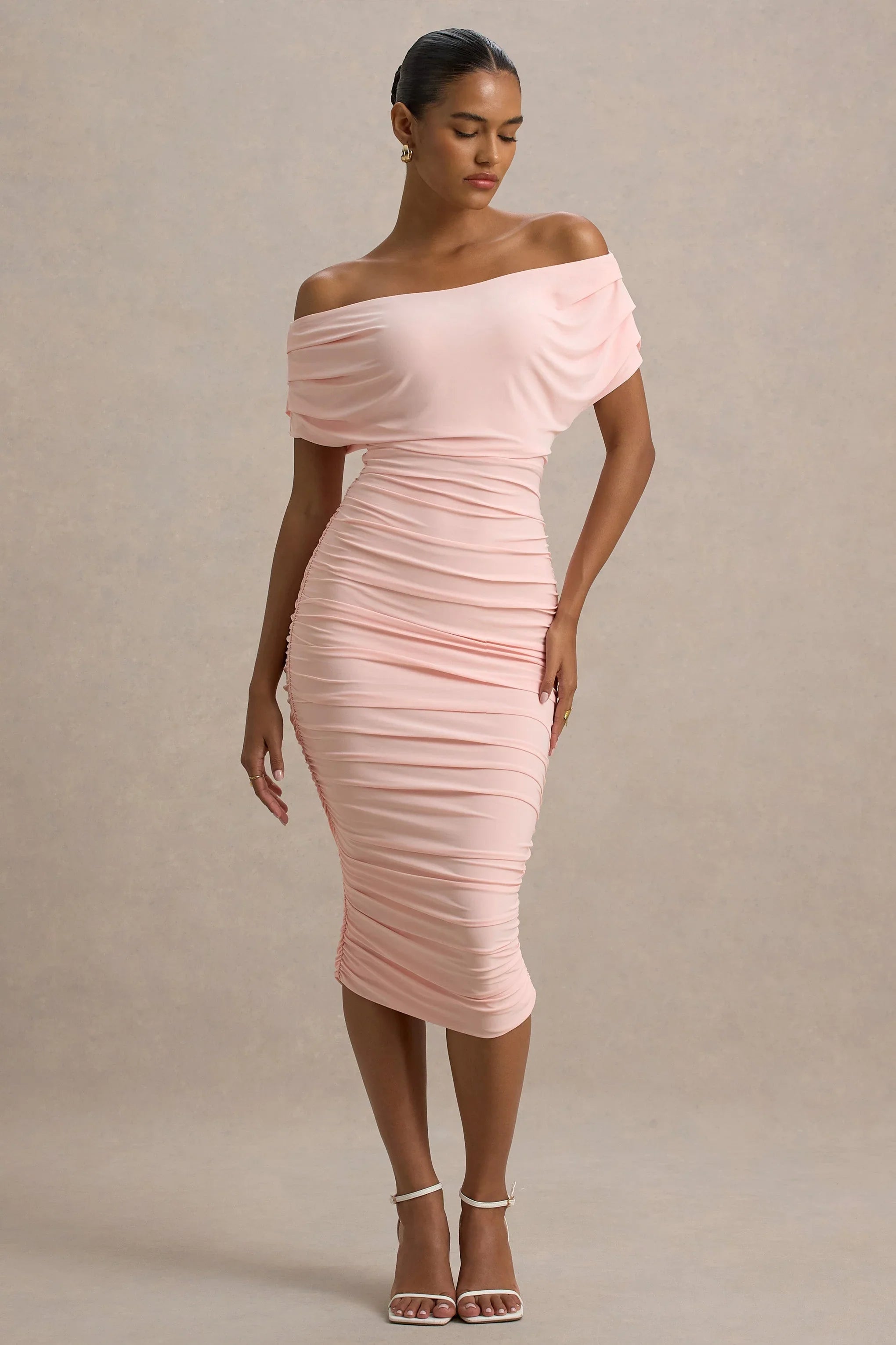 Rayleigh Pink Bardot Ruched Midi Dress