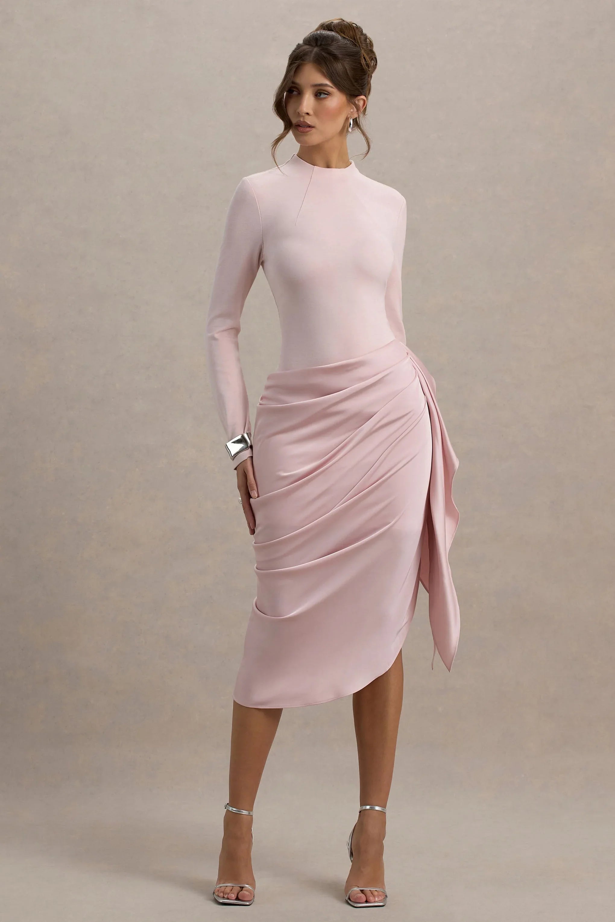 Raffie Pink Long Sleeve Midi Dress With Satin Wrap Skirt