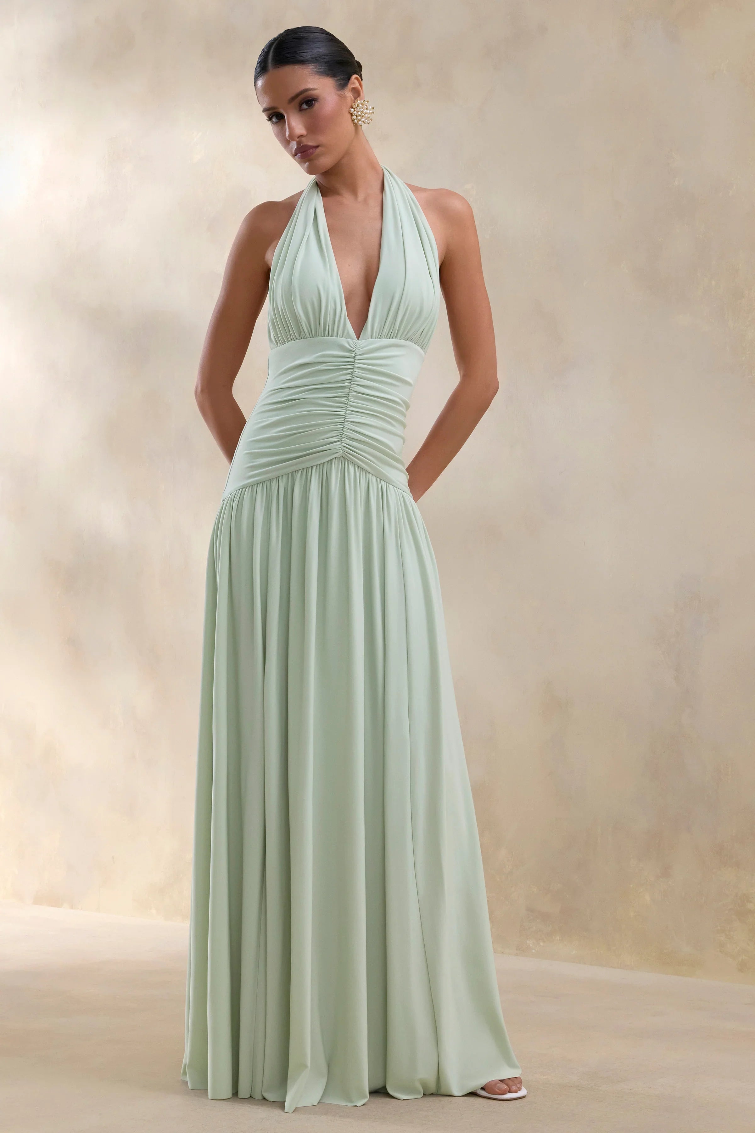 Bettina Sage Plunge Neck Maxi Dress With Gathered Detailing