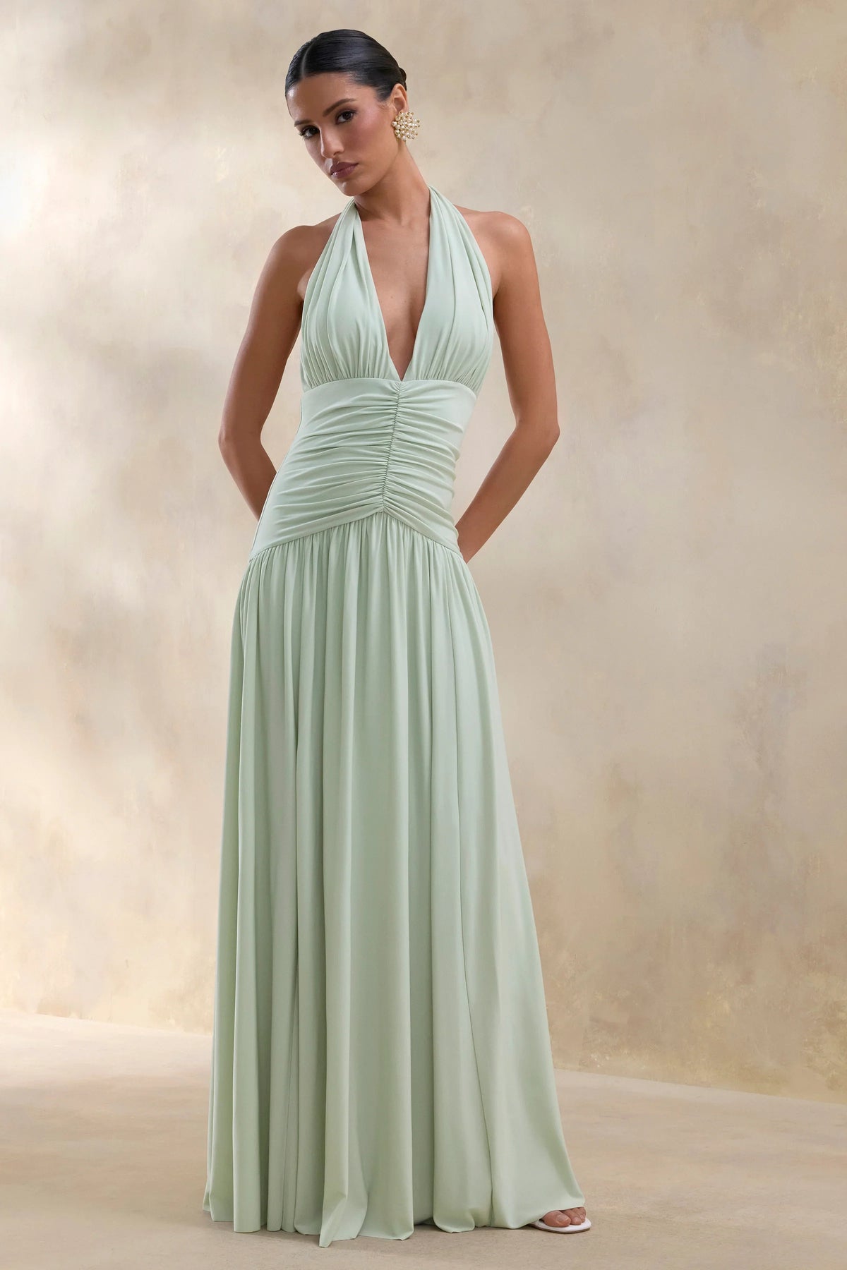 Bettina Sage Plunge Neck Maxi Dress With Gathered Detailing