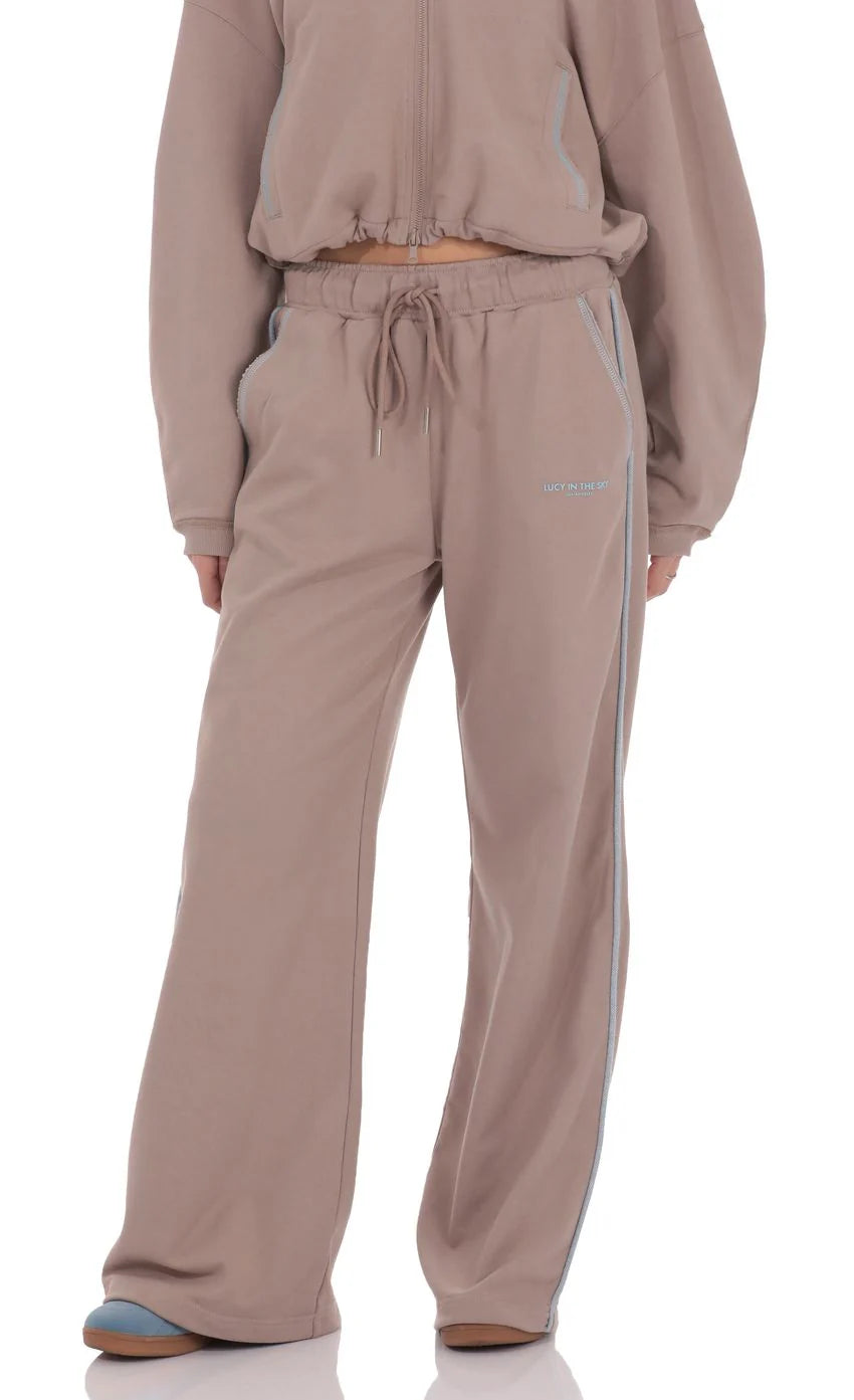Two Toned Cinchable Sweatpants Pants in Taupe