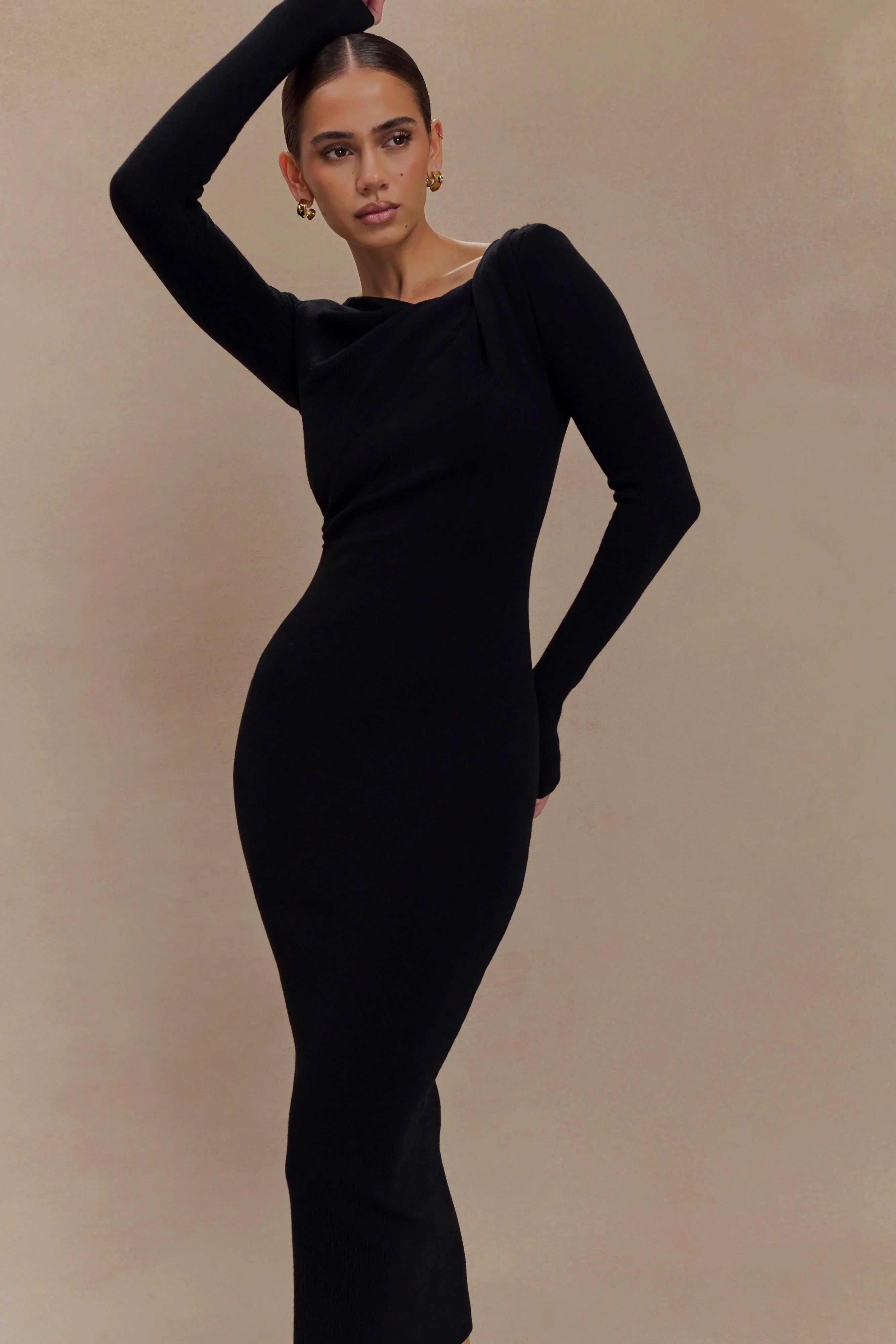 Culver Draped Twist Knit Midi Dress Black