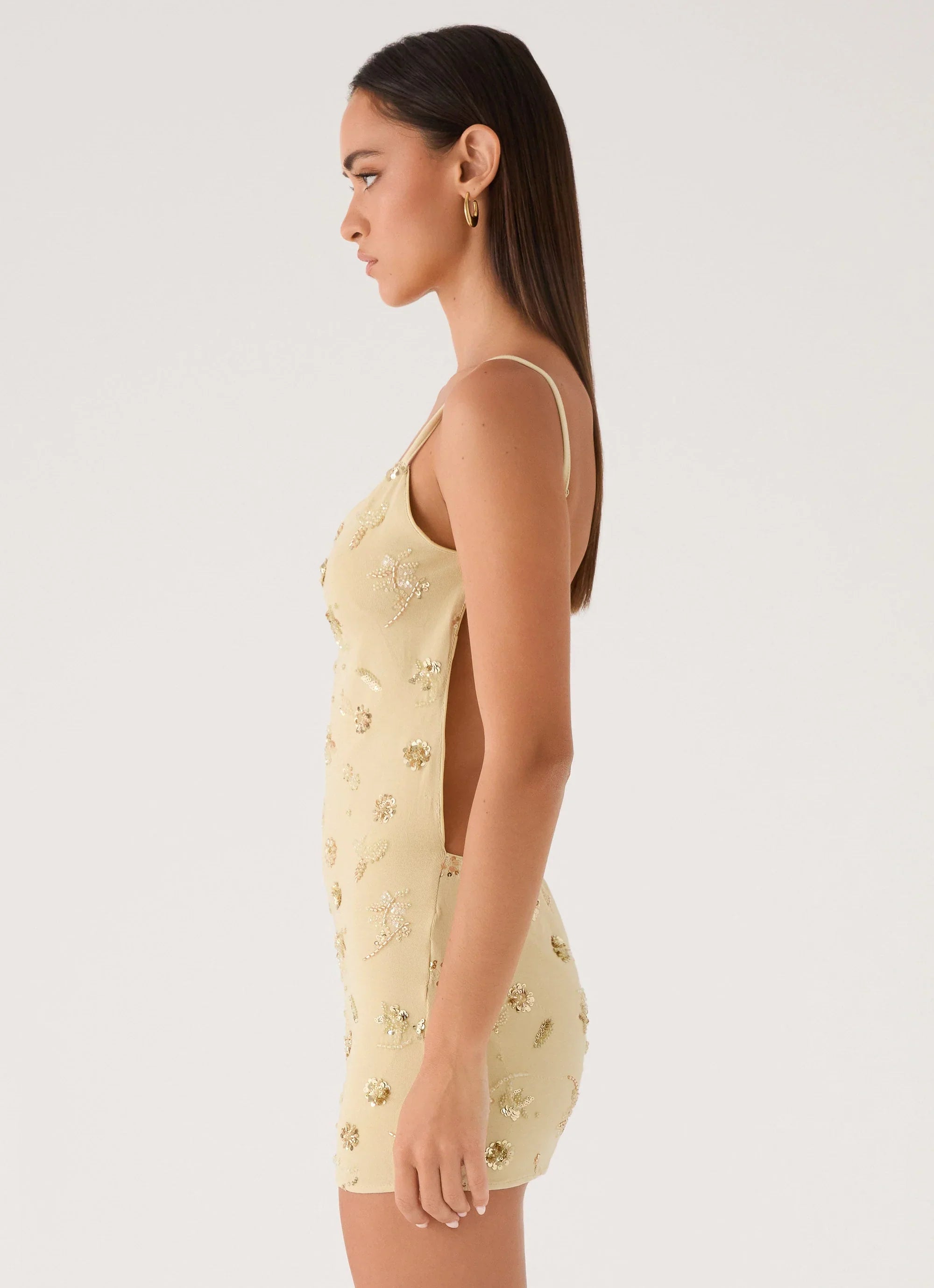 Levanna Beaded Sequin Mini Dress Pale Olive