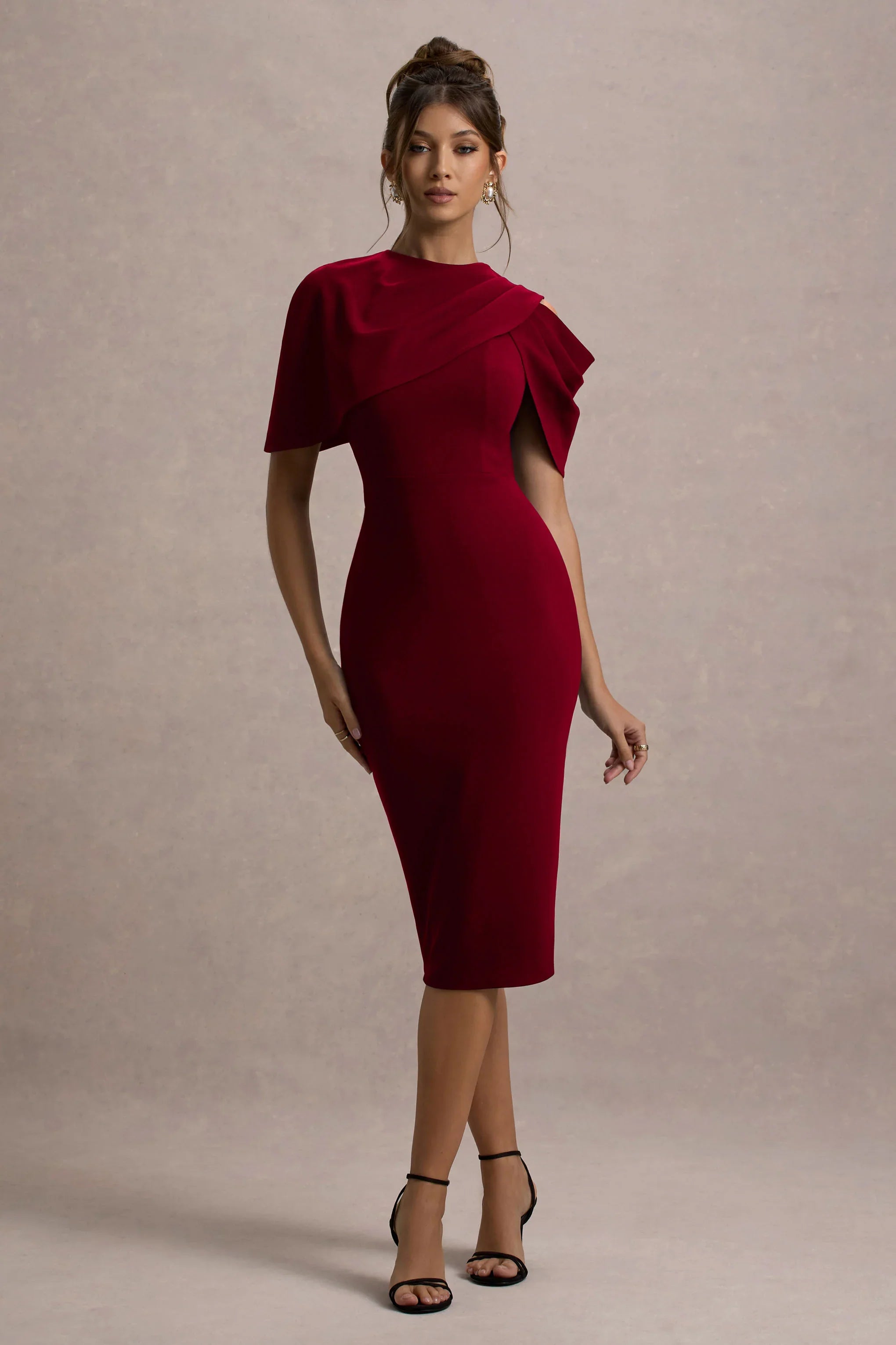 Dorothea Berry Draped Midi Dress With Cape