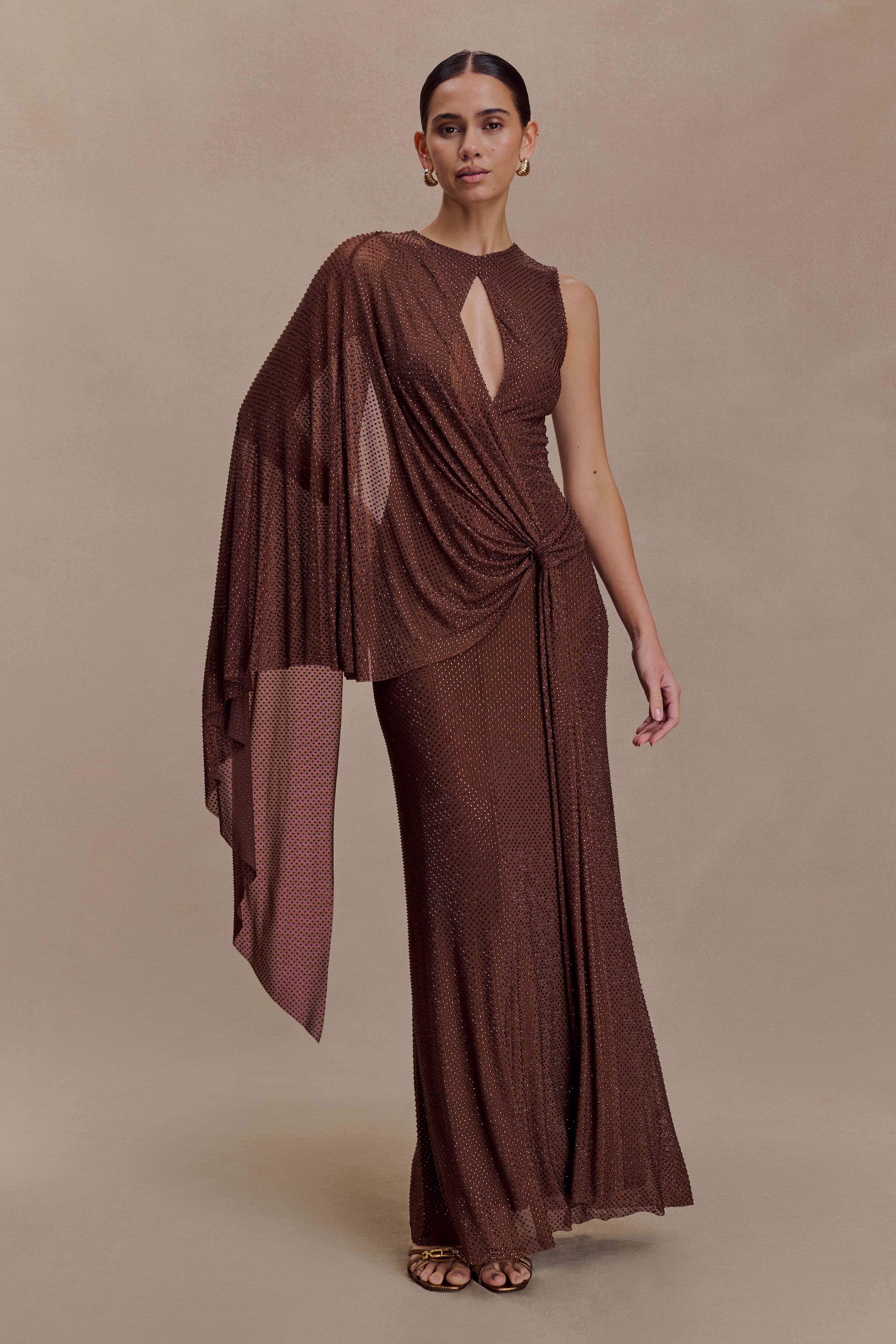 Bakari Diamante Cape Maxi Dress Chocolate