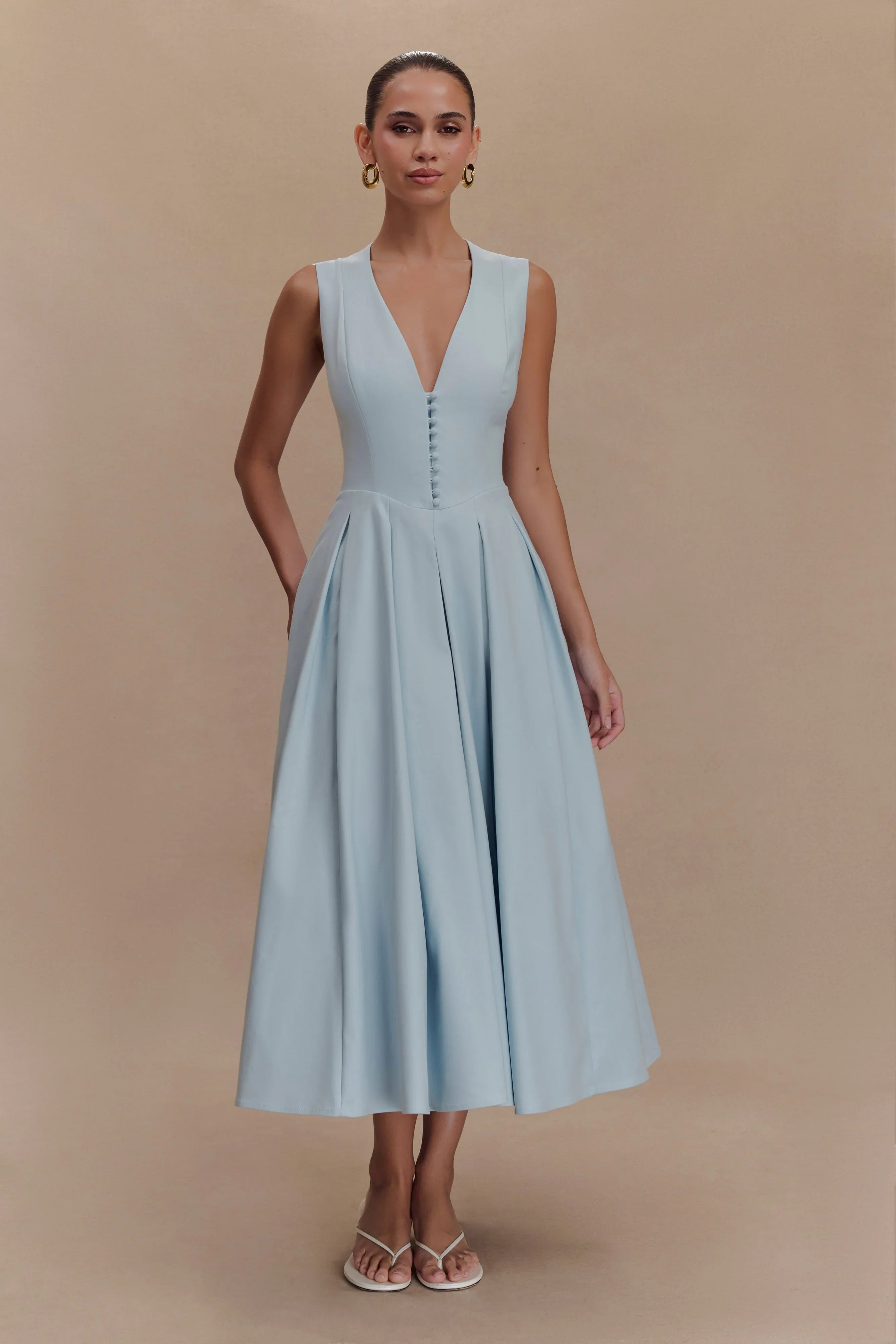 Keely Cotton Sleeveless Midi Dress Sky Blue