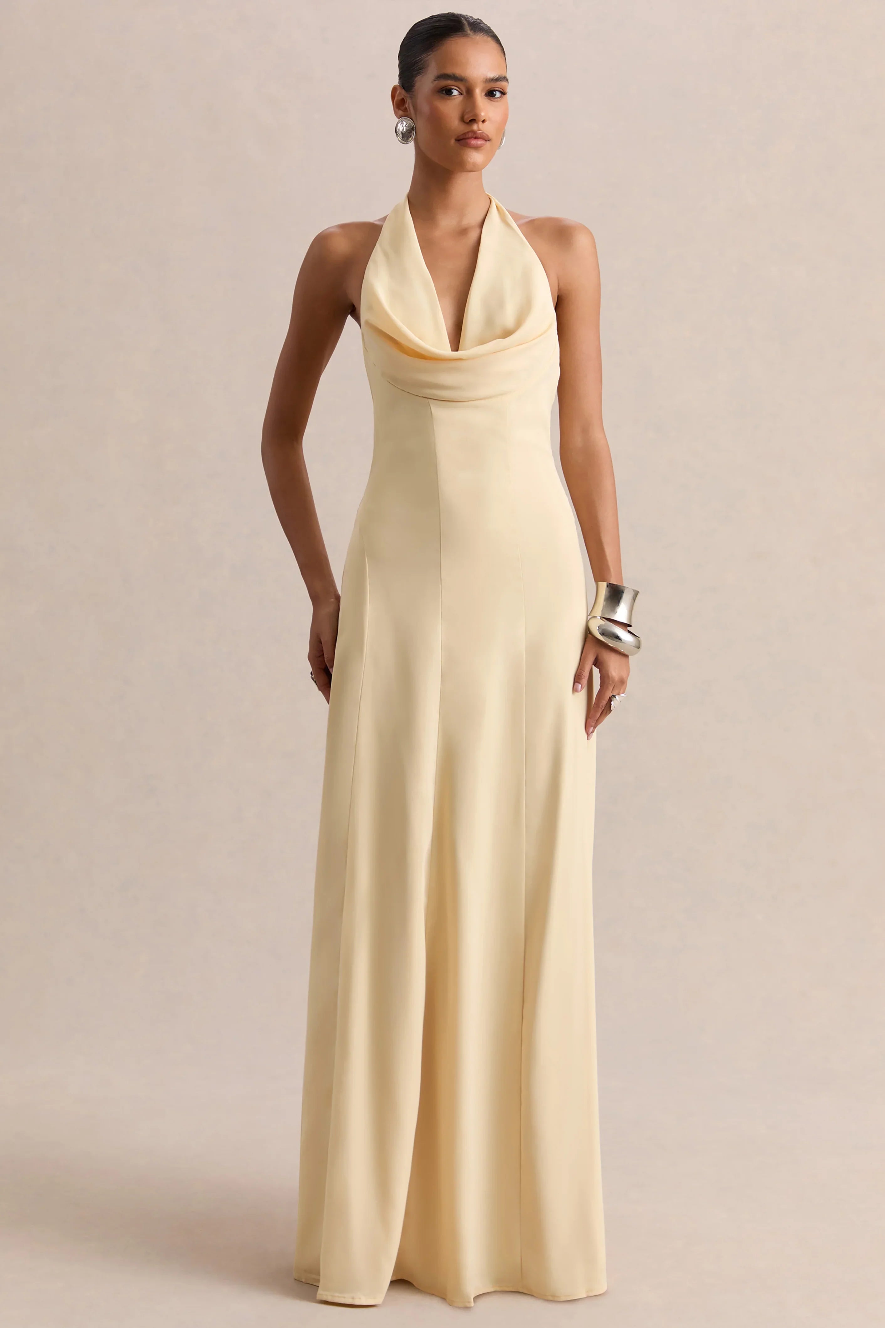 Undeniable Lemon Cowl Neck Draped Maxi Dress