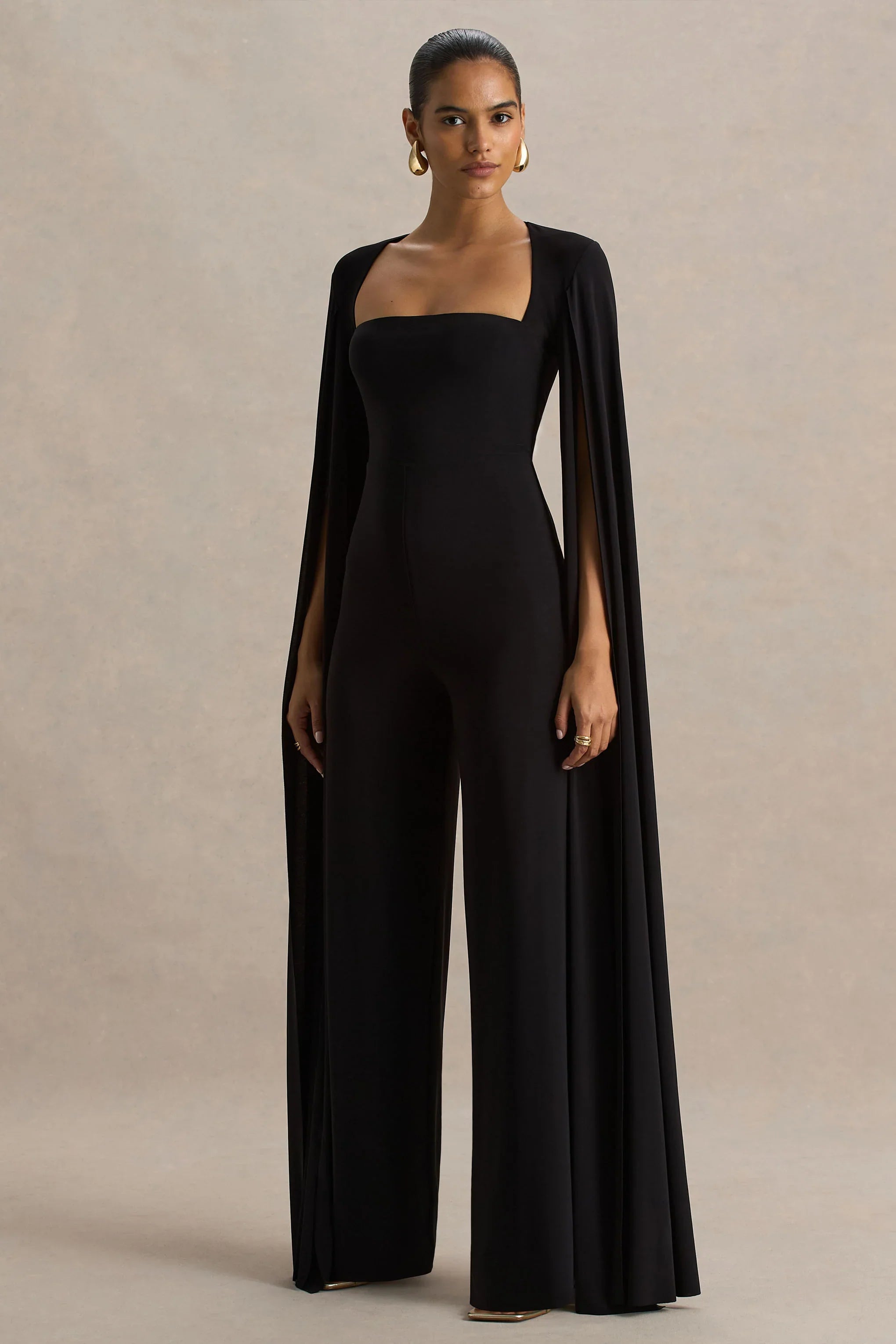 Zara Black Square Neck Jumpsuit With Cape Sleeves